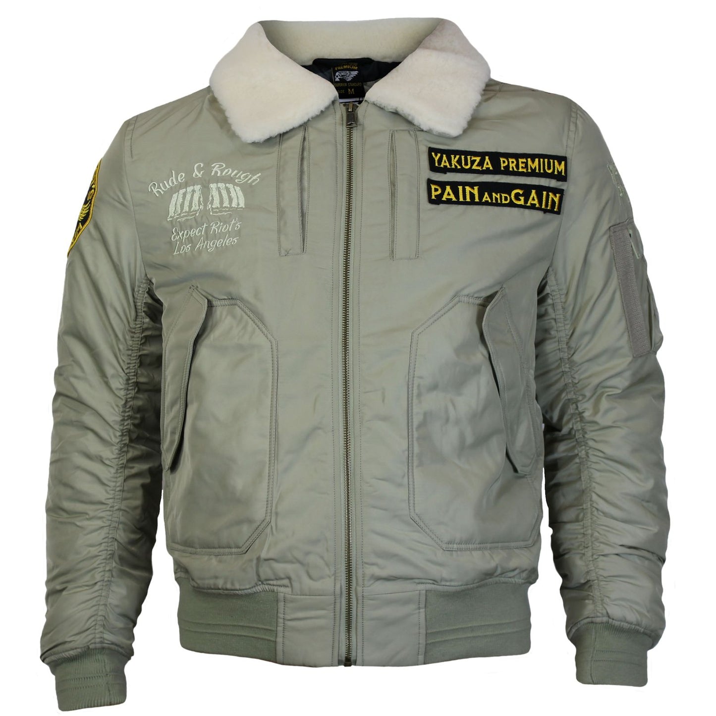 Yakuza Premium Bomberjacke 3965 in hellem Olive mit Teddykragen und Stickereien.