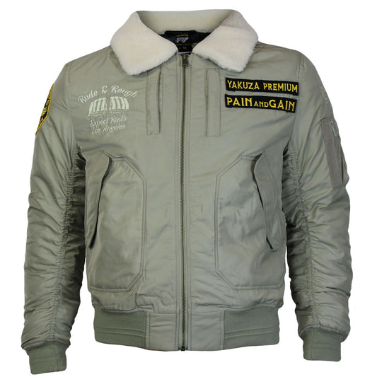 Yakuza Premium Bomberjacke 3965 in hellem Olive mit Teddykragen und Stickereien.