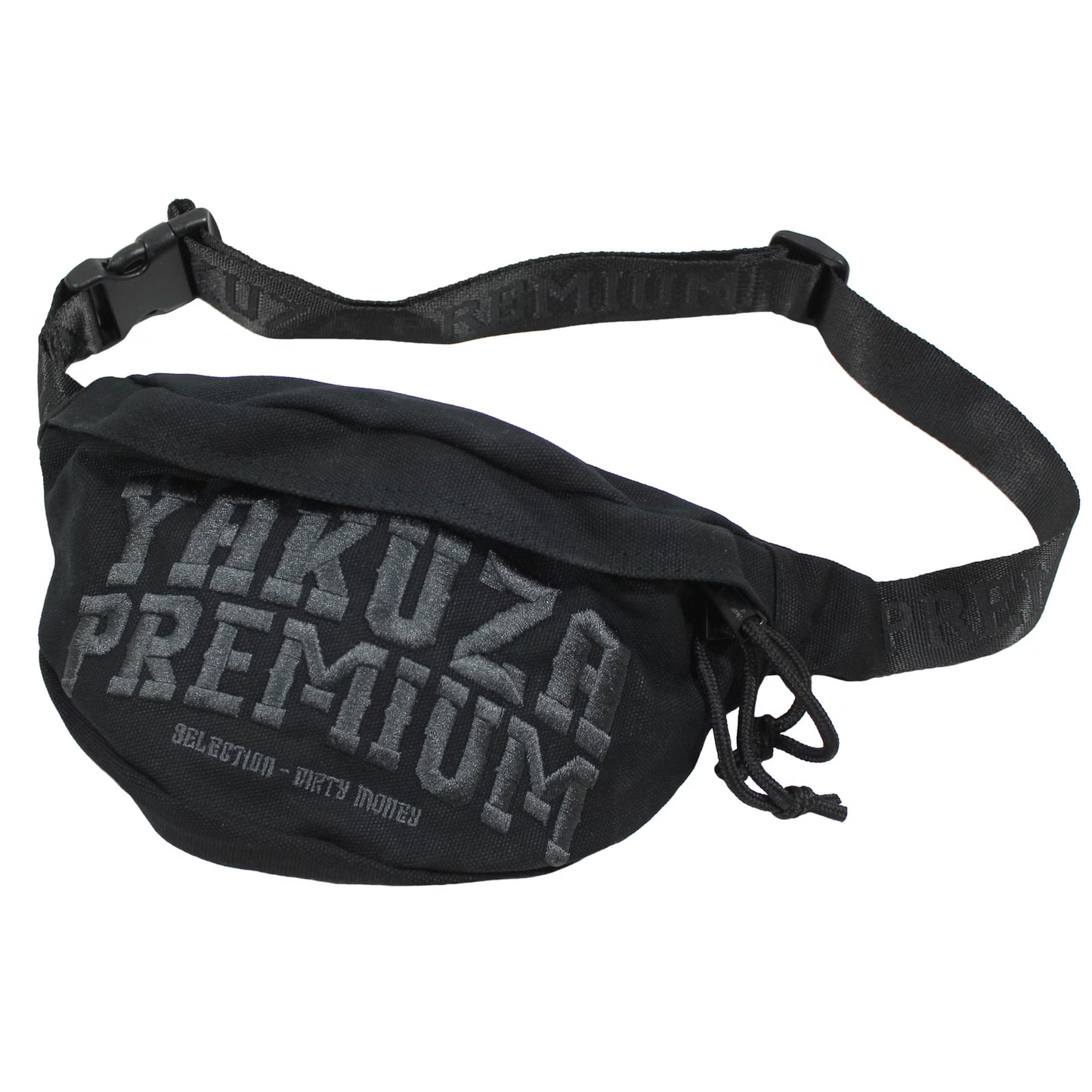 Schwarze Yakuza Premium Gürteltasche mit 3D-Stickerei, verstellbarer Bauchgurt, zwei Fächer, Polyester.
