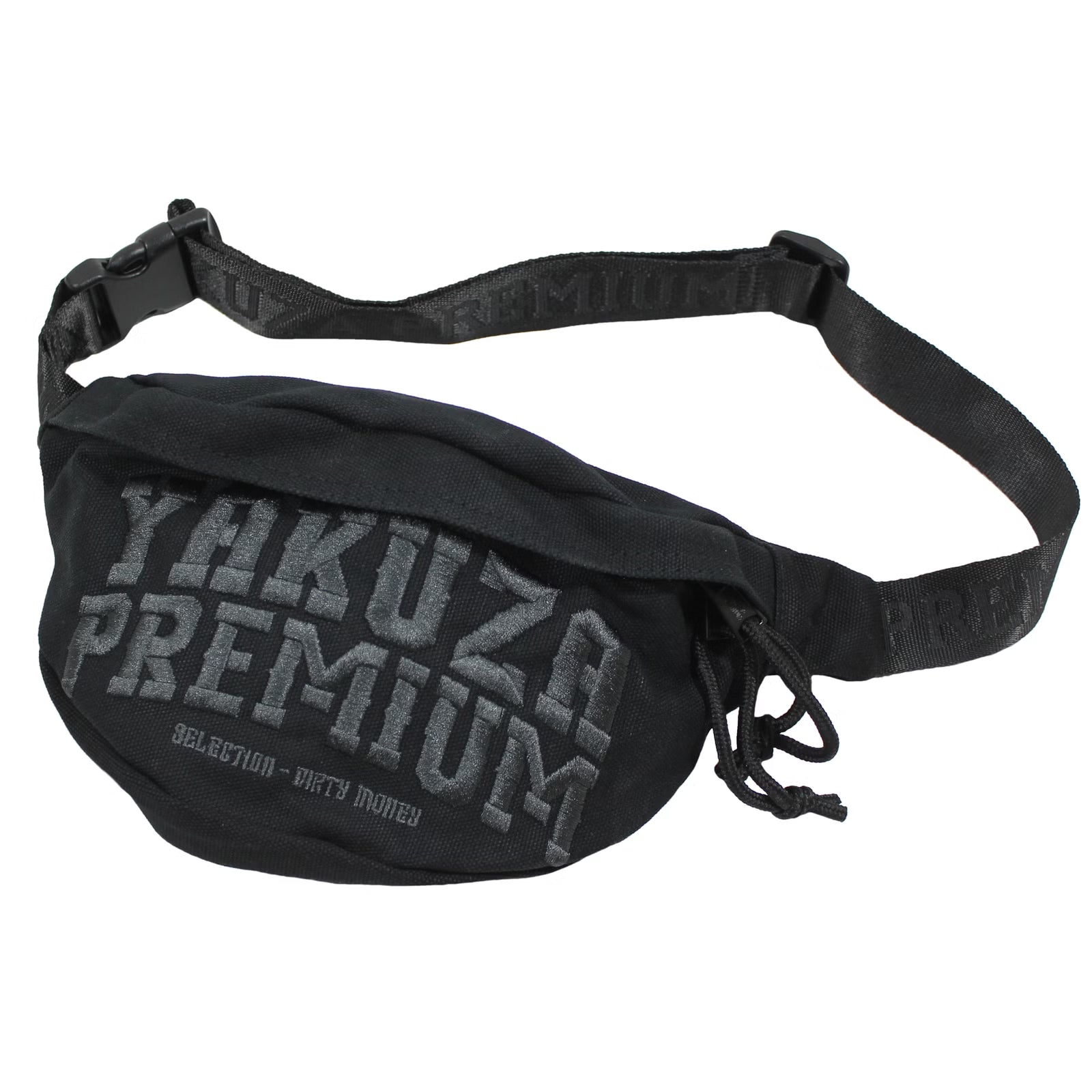 Schwarze Yakuza Premium Gürteltasche mit 3D-Stickerei, verstellbarer Bauchgurt, zwei Fächer, Polyester.