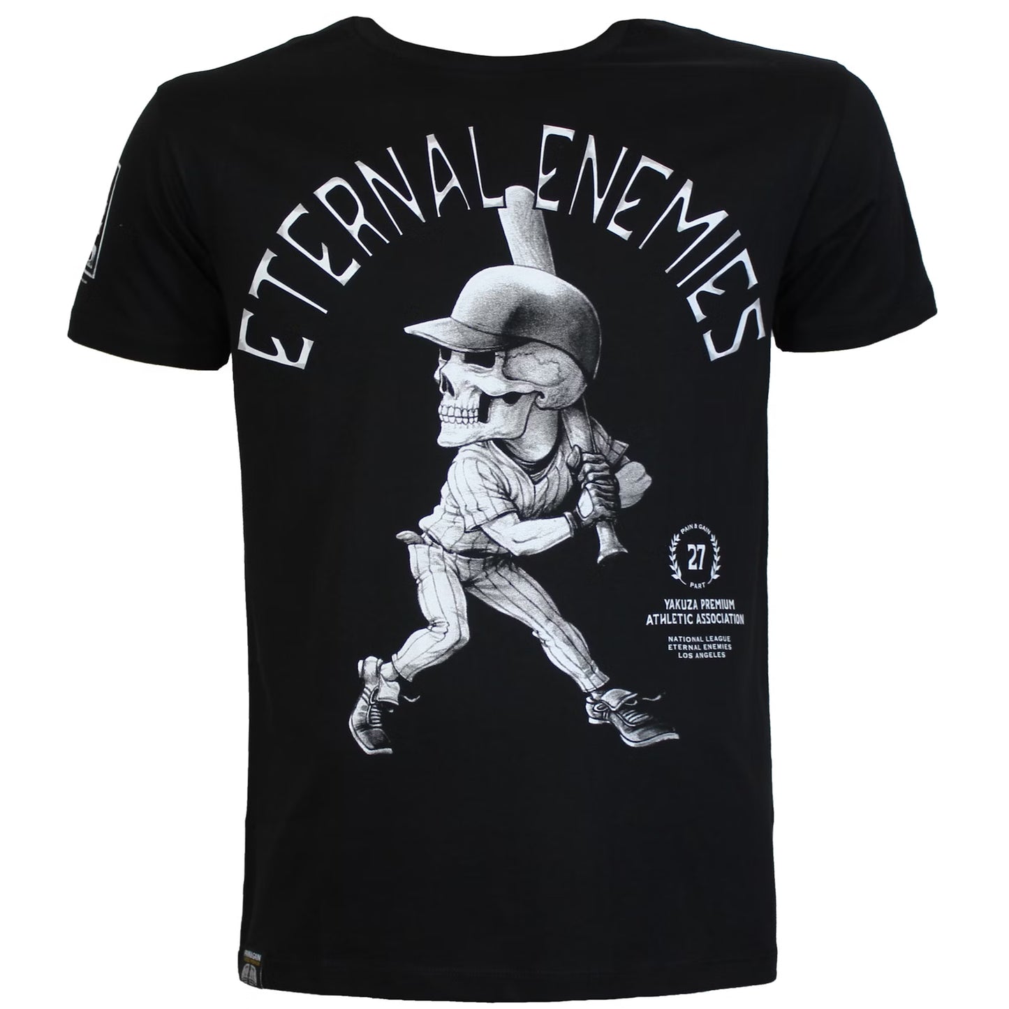 Yakuza Premium Pima-Baumwoll-T-Shirt aus der Herbst-/Winterkollektion 2025 mit großem Baseballspieler-Print vorne und markantem Rücken-Schriftzug