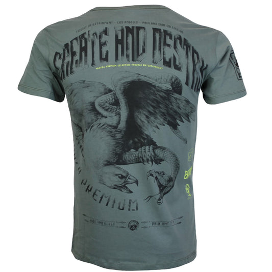 Yakuza Premium 3905 T-Shirt in grau  olive mit grossem, detailreichem Rückenprint und kleinem Frontprint.