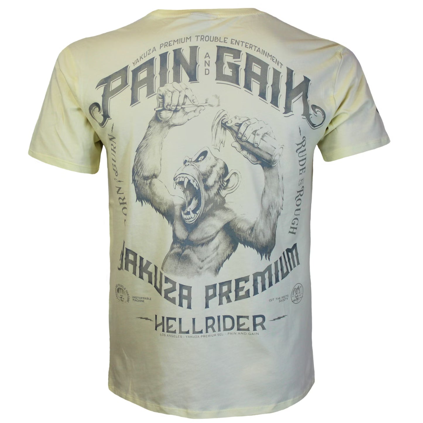 Hellgelb Yakuza Premium T-Shirt YPS 3909 mit wütendem Affenprint auf dem Rücken.