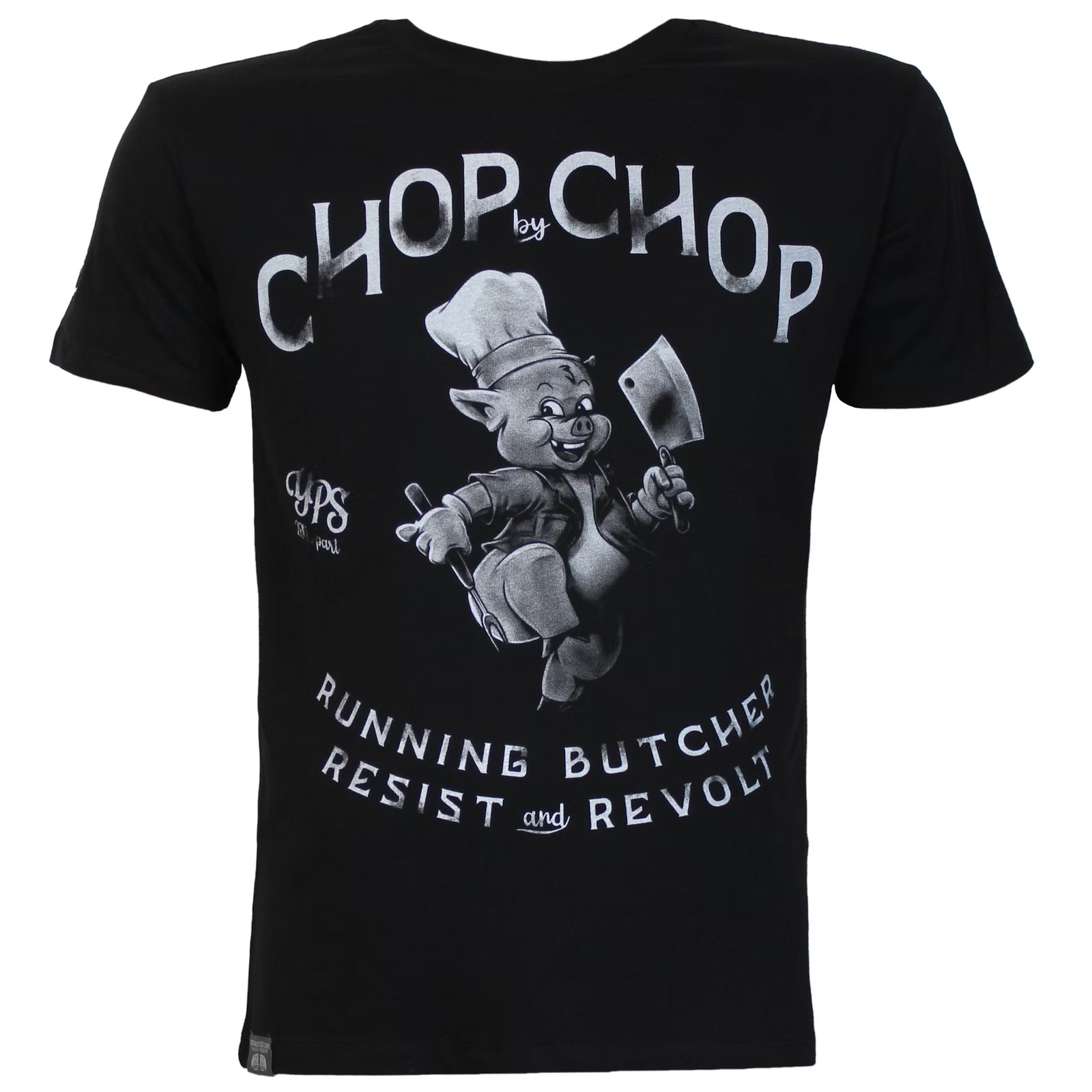 Yakuza Premium Selection T-Shirt in Schwarz mit grossem Frontprint Schwein als Koch und Chop by Chop Schriftzug auf dem Rücken