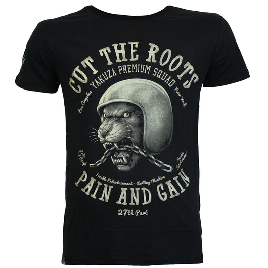 Yakuza Premium T-Shirt 3901 in schwarz mit grossem Frontprint im Tattoo-Stil und markantem Schriftzug auf dem Rücken – Herren Streetwear