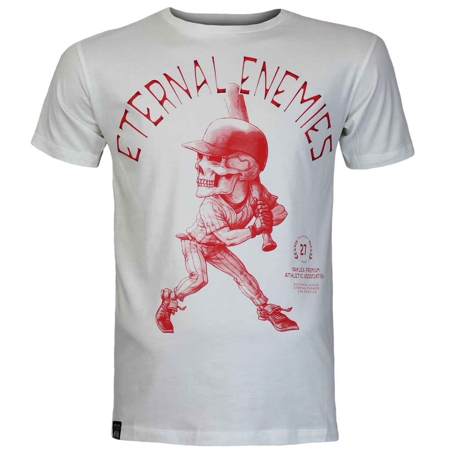 Yakuza Premium Pima-Baumwoll-T-Shirt aus der Herbst-/Winterkollektion 2025 mit großem Baseballspieler-Print vorne und markantem Rücken-Schriftzug