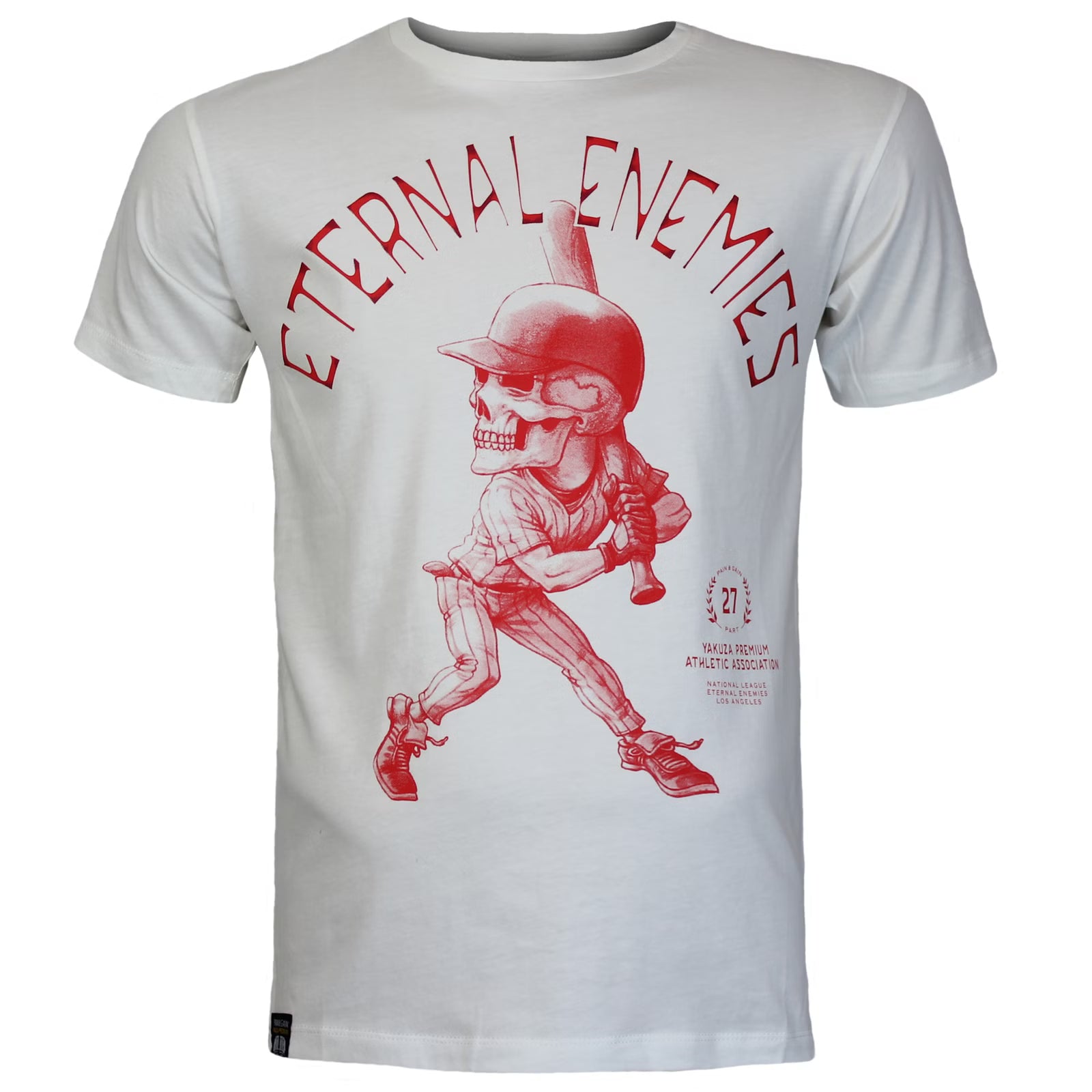 Yakuza Premium Pima-Baumwoll-T-Shirt aus der Herbst-/Winterkollektion 2025 mit großem Baseballspieler-Print vorne und markantem Rücken-Schriftzug