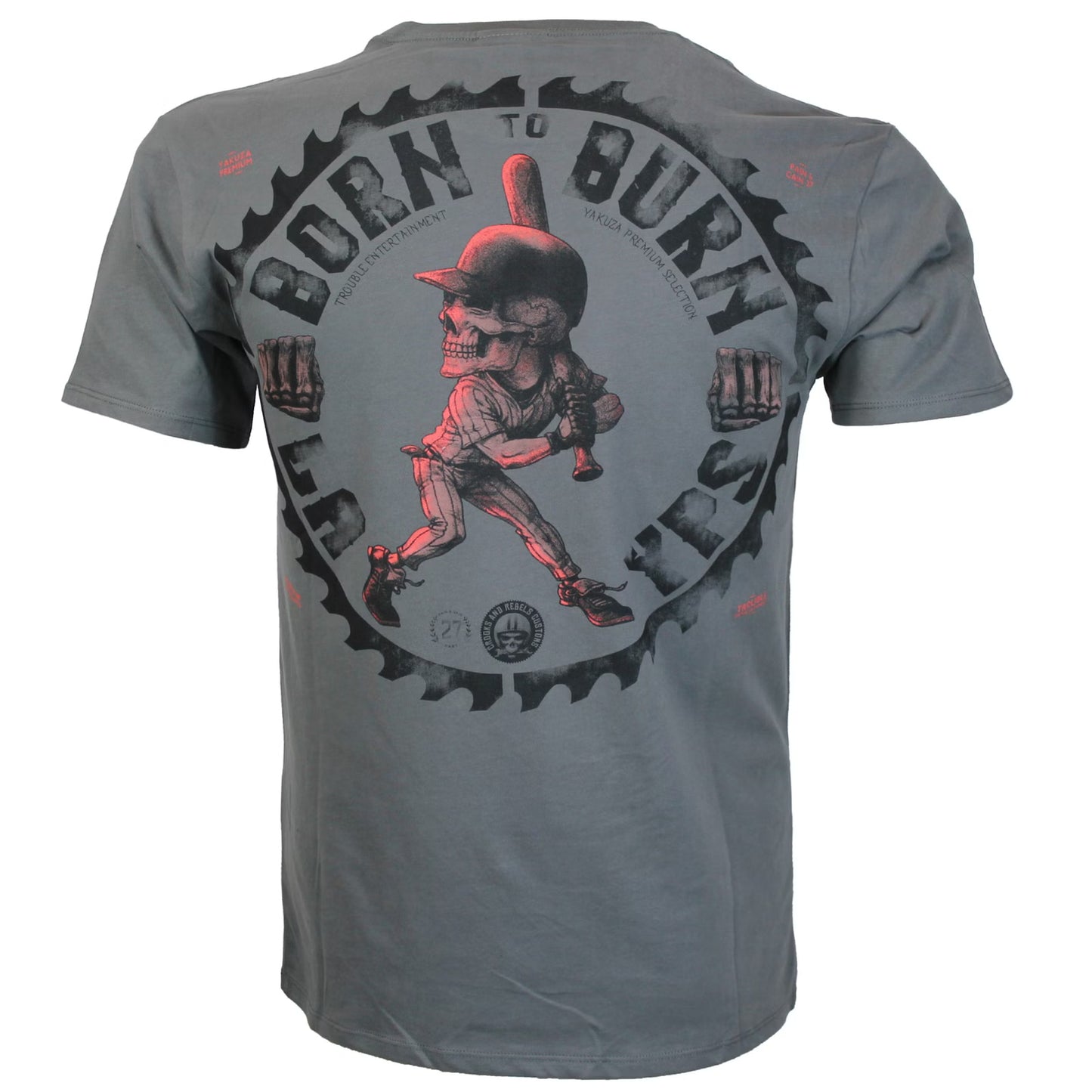 Yakuza Premium T-Shirt in Stone/Grau mit Skull-Print auf Rücken und Brust, weiche Pima-Baumwolle