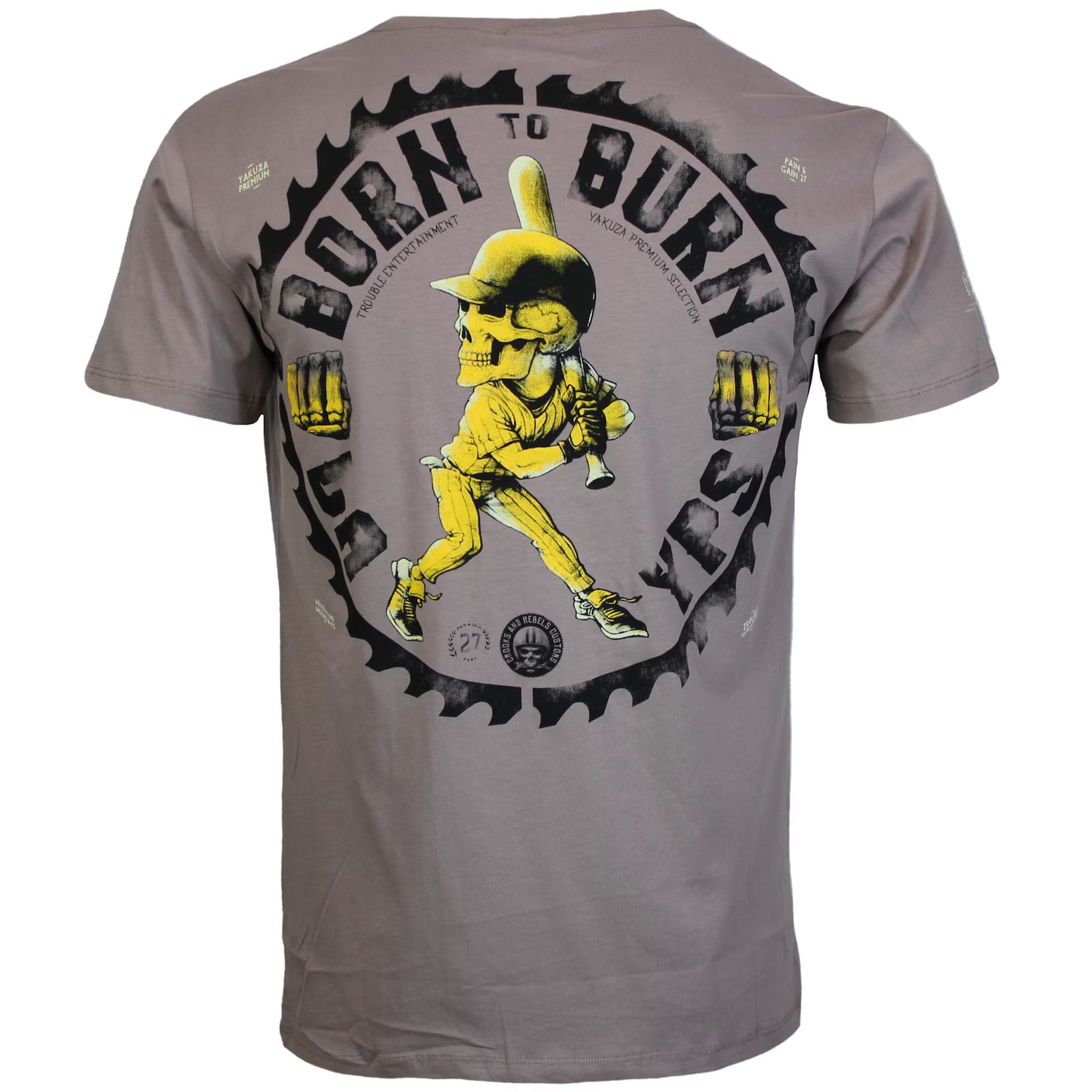 Yakuza Premium T-Shirt in Stone/Grau mit Skull-Print auf Rücken und Brust, weiche Pima-Baumwolle