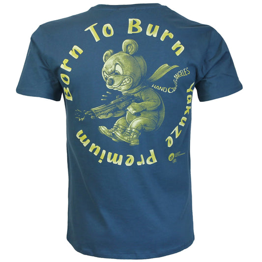 Blaues Yakuza Premium T-Shirt YPS 3908 mit bewaffnetem Teddybär-Print auf dem Rücken.
