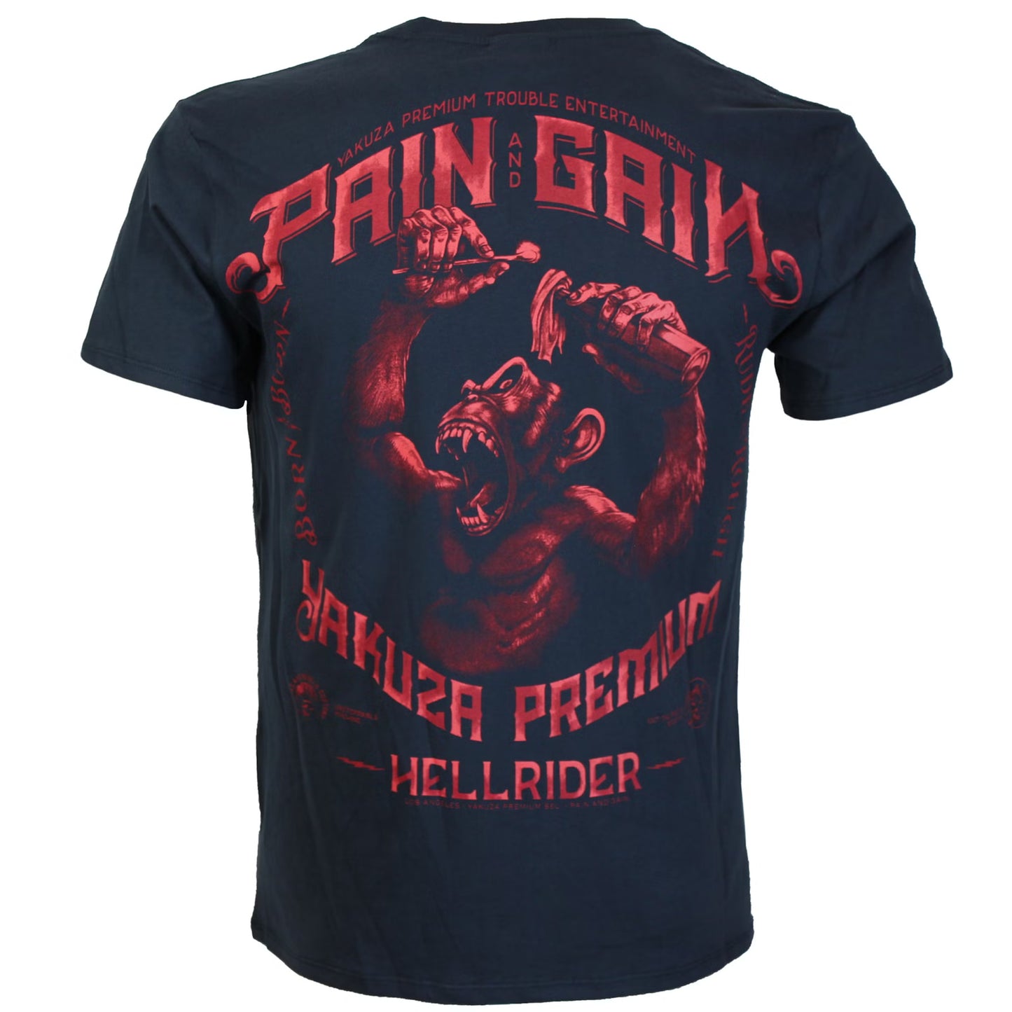 Dunkelblaues Yakuza Premium T-Shirt YPS 3909 mit wütendem Affenprint auf dem Rücken.