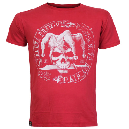 Yakuza Premium T-Shirt 3902 in rot mit grossem Frontprint im Tattoo-Stil und markantem Schriftzug auf dem Rücken – Herren Streetwear