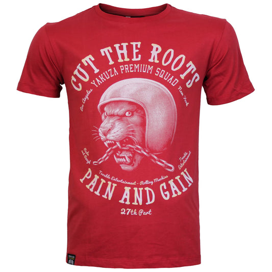 Yakuza Premium T-Shirt 3901 in rot mit grossem Frontprint im Tattoo-Stil und markantem Schriftzug auf dem Rücken – Herren Streetwear