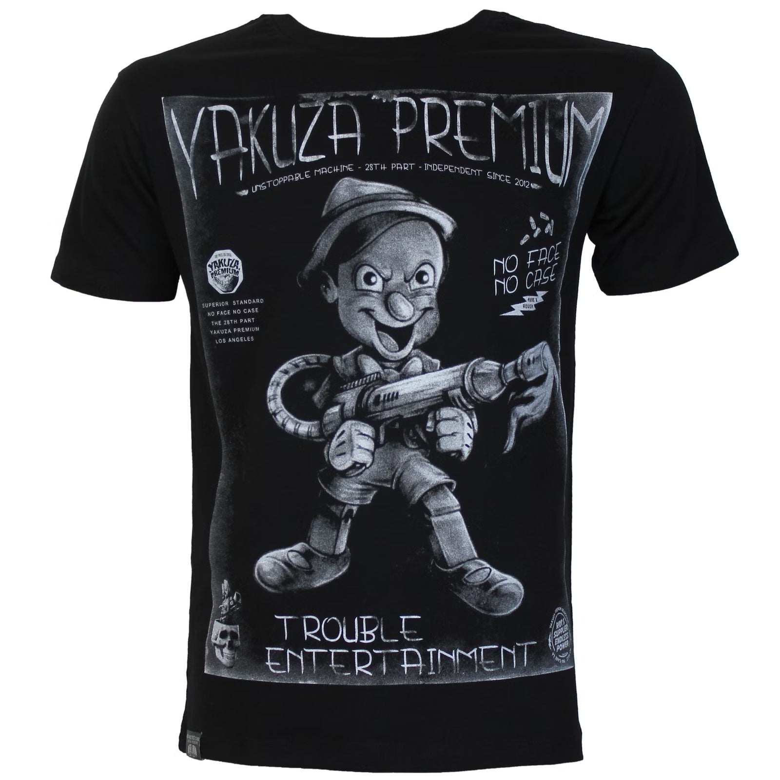 Yakuza Premium Selection T-Shirt in Schwarz mit Frontprint Burattino mit Flammenwerfer und Schriftzug hinten
