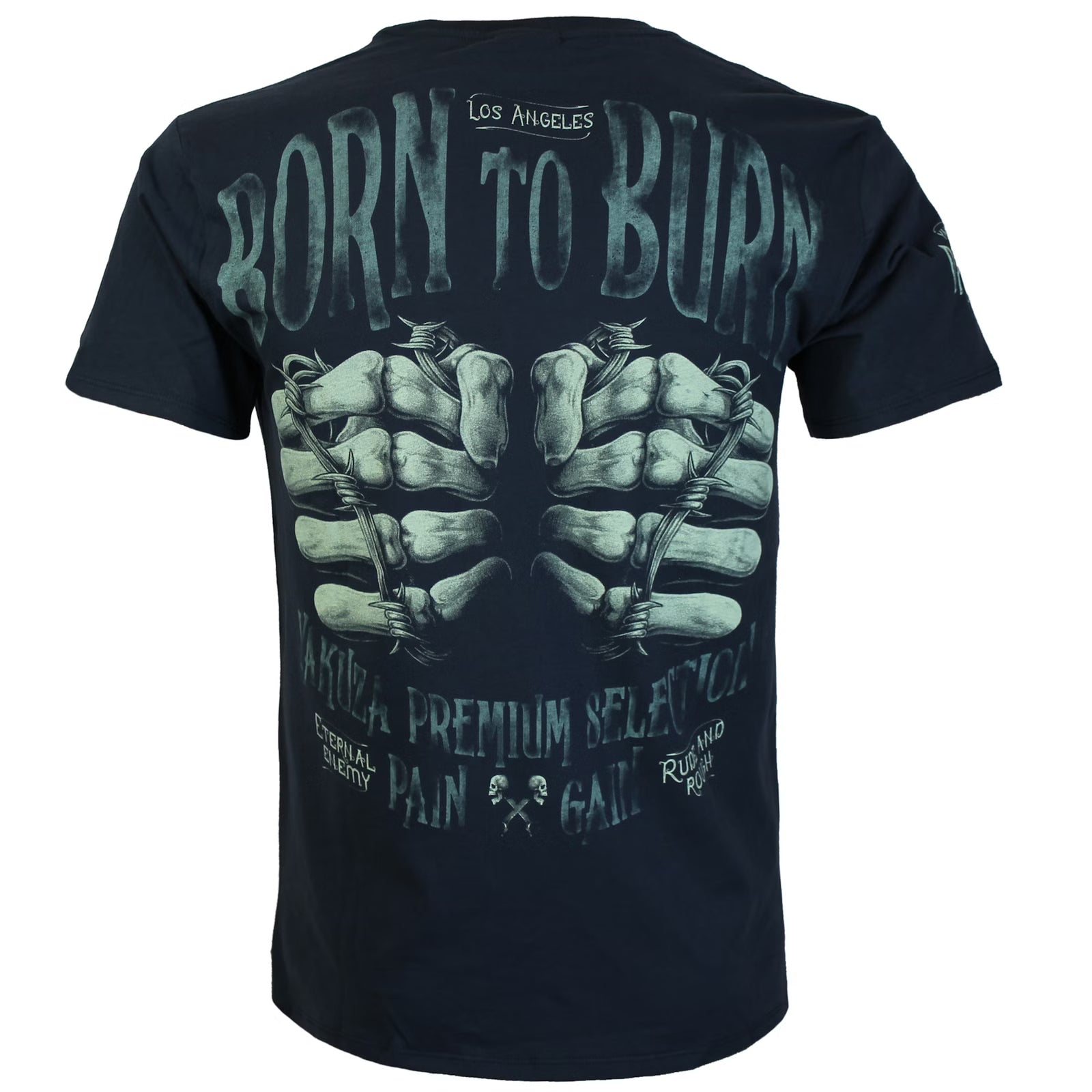 Weiches Yakuza Premium T-Shirt in Dunkelblau mit grossem Fäuste-Rückenprint.