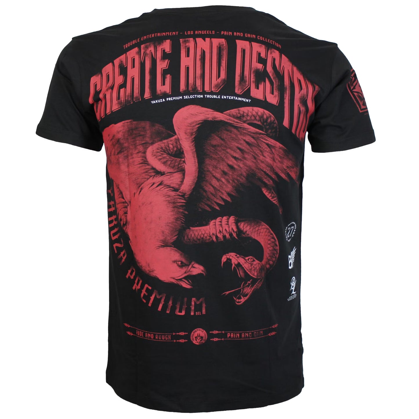  Yakuza Premium 3905 T-Shirt in schwarz mit grossem, detailreichem Rückenprint und kleinem Frontprint.