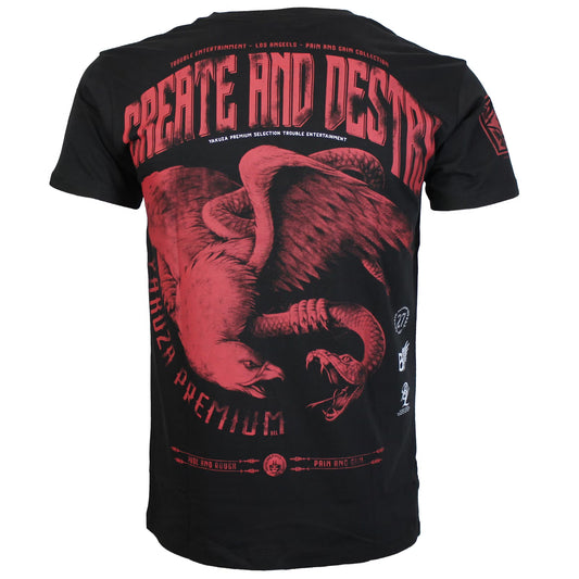  Yakuza Premium 3905 T-Shirt in schwarz mit grossem, detailreichem Rückenprint und kleinem Frontprint.