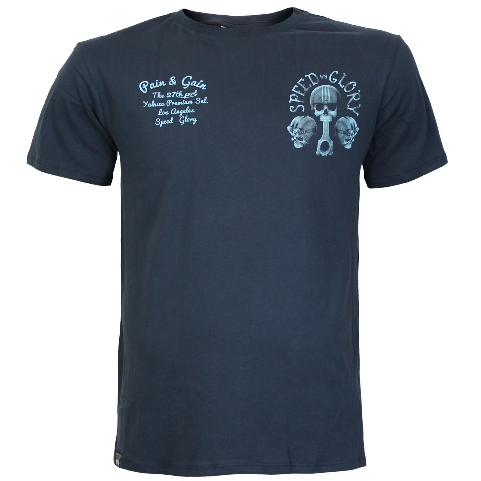 Vorderansicht Yakuza Premium T-Shirt dunkelblau mit zwei hellblauen Brustprints.