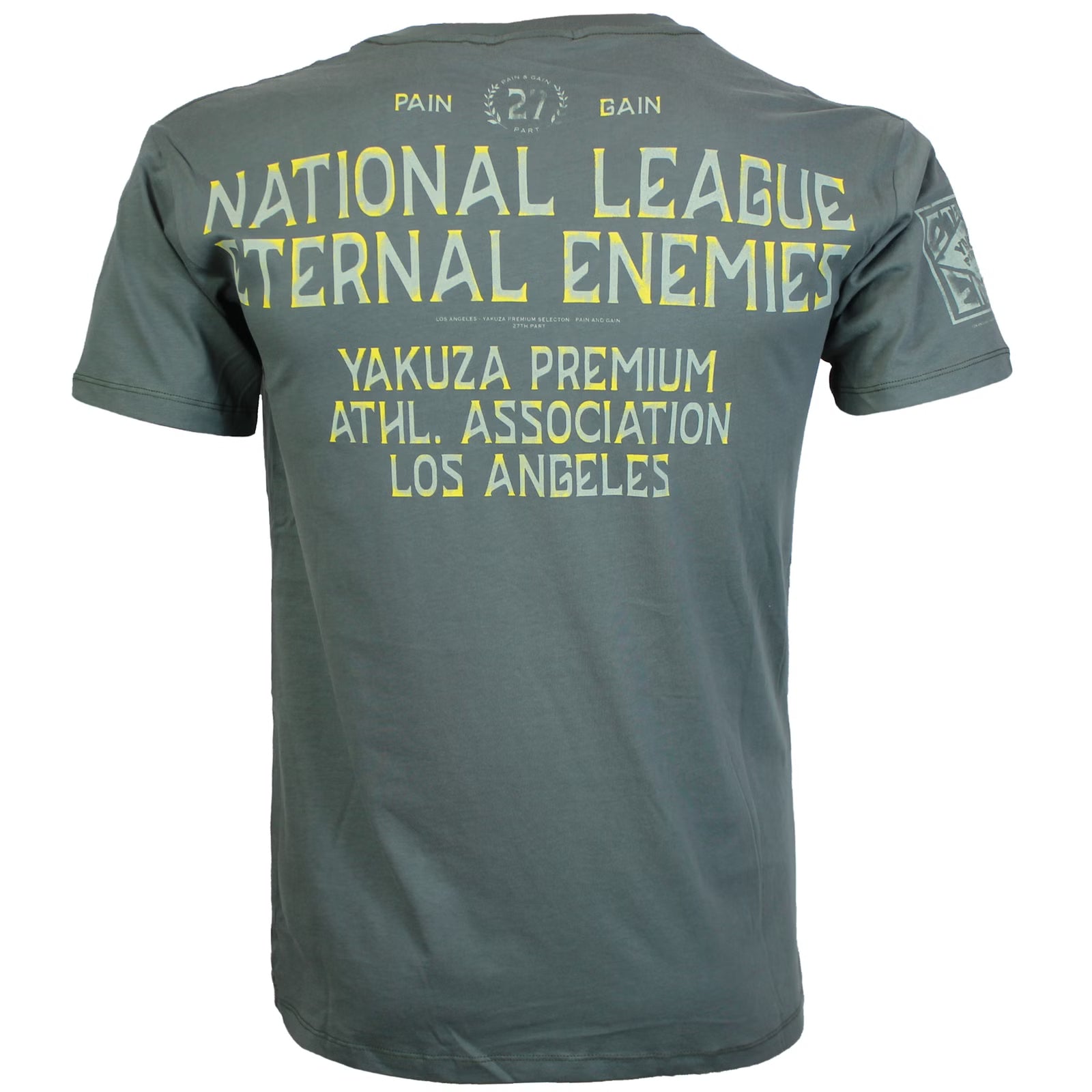 Yakuza Premium T-Shirt 3900 in olivegrau mit grossem Frontprint im Tattoo-Stil und markantem Schriftzug auf dem Rücken – Herren Streetwear