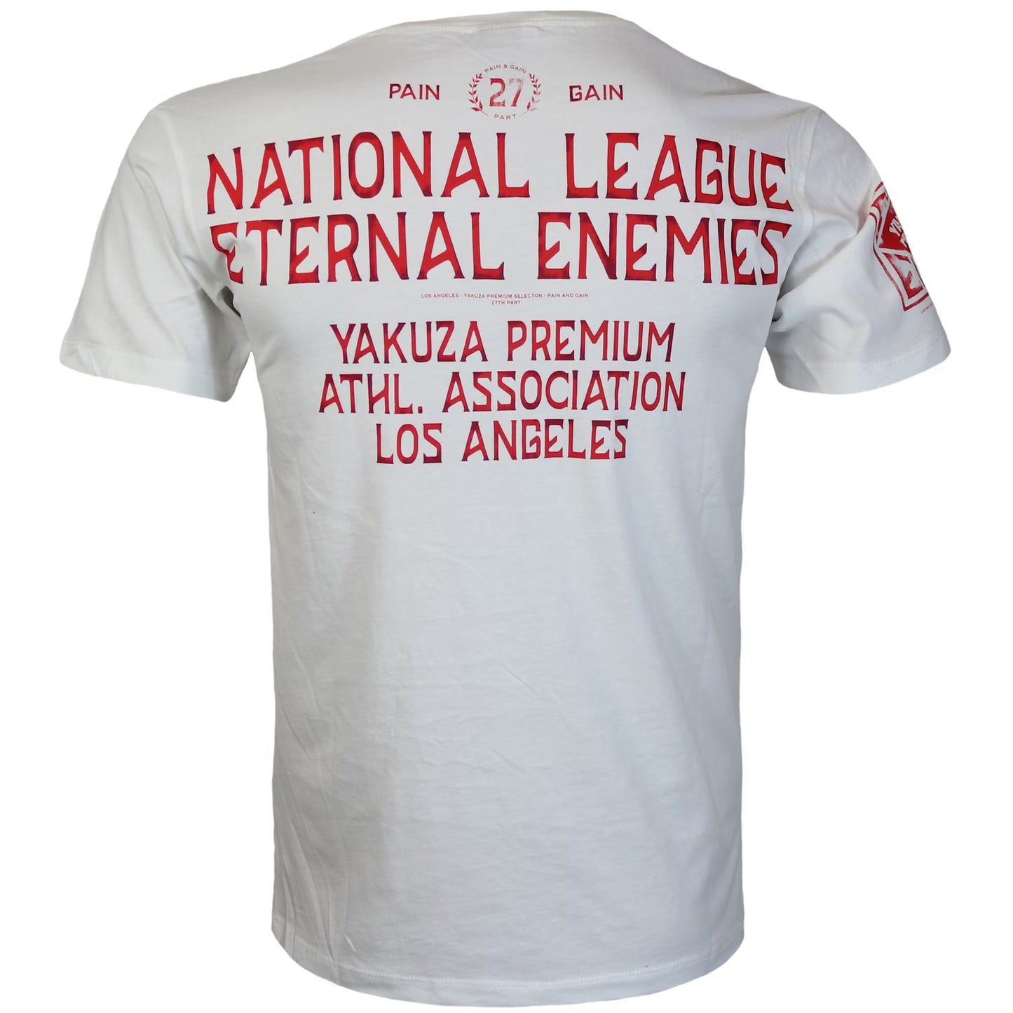 Yakuza Premium Pima-Baumwoll-T-Shirt aus der Herbst-/Winterkollektion 2025 mit großem Baseballspieler-Print vorne und markantem Rücken-Schriftzug