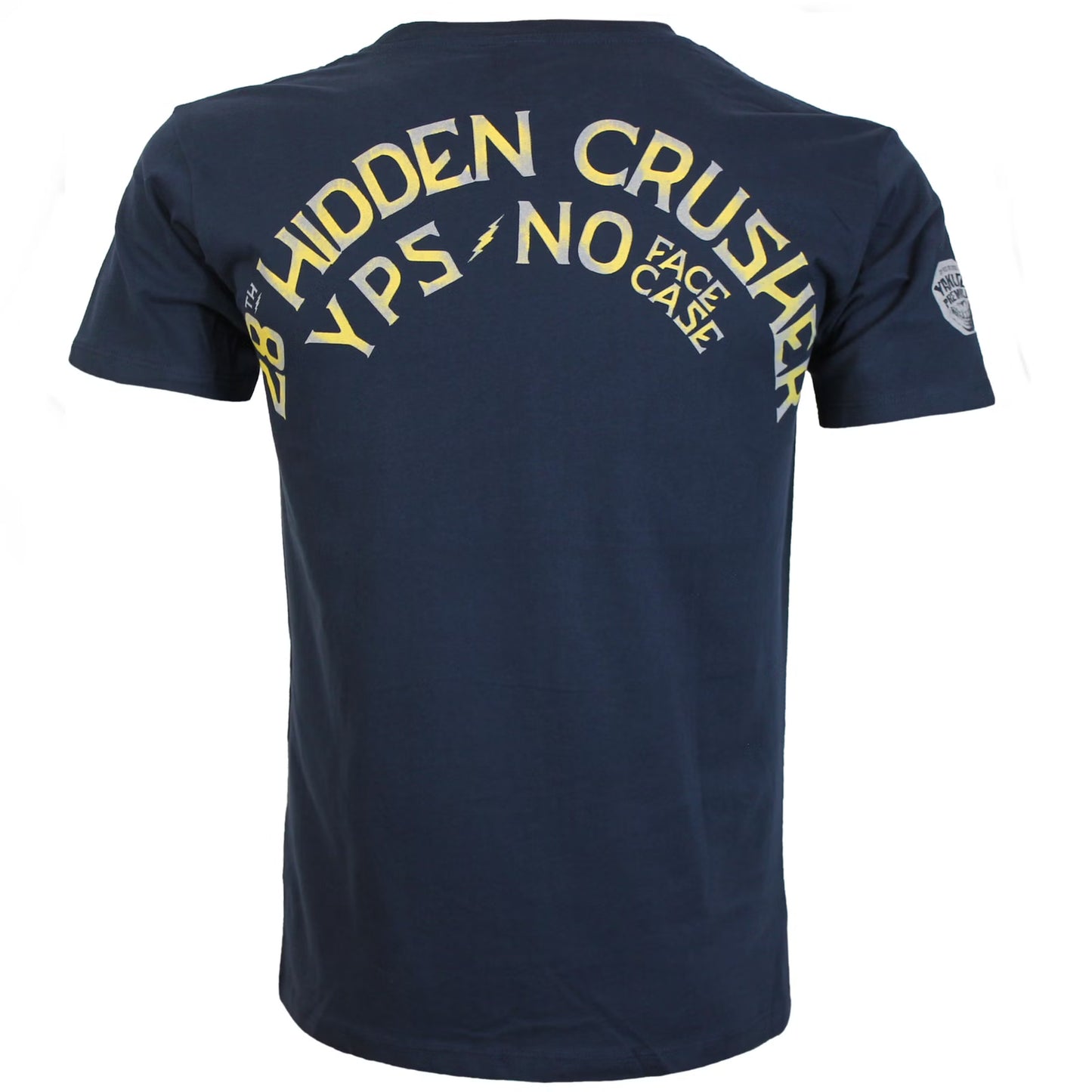 Rückenansicht: Yakuza Premium T-Shirt in Dunkelblau mit bogenförmigem Logo.