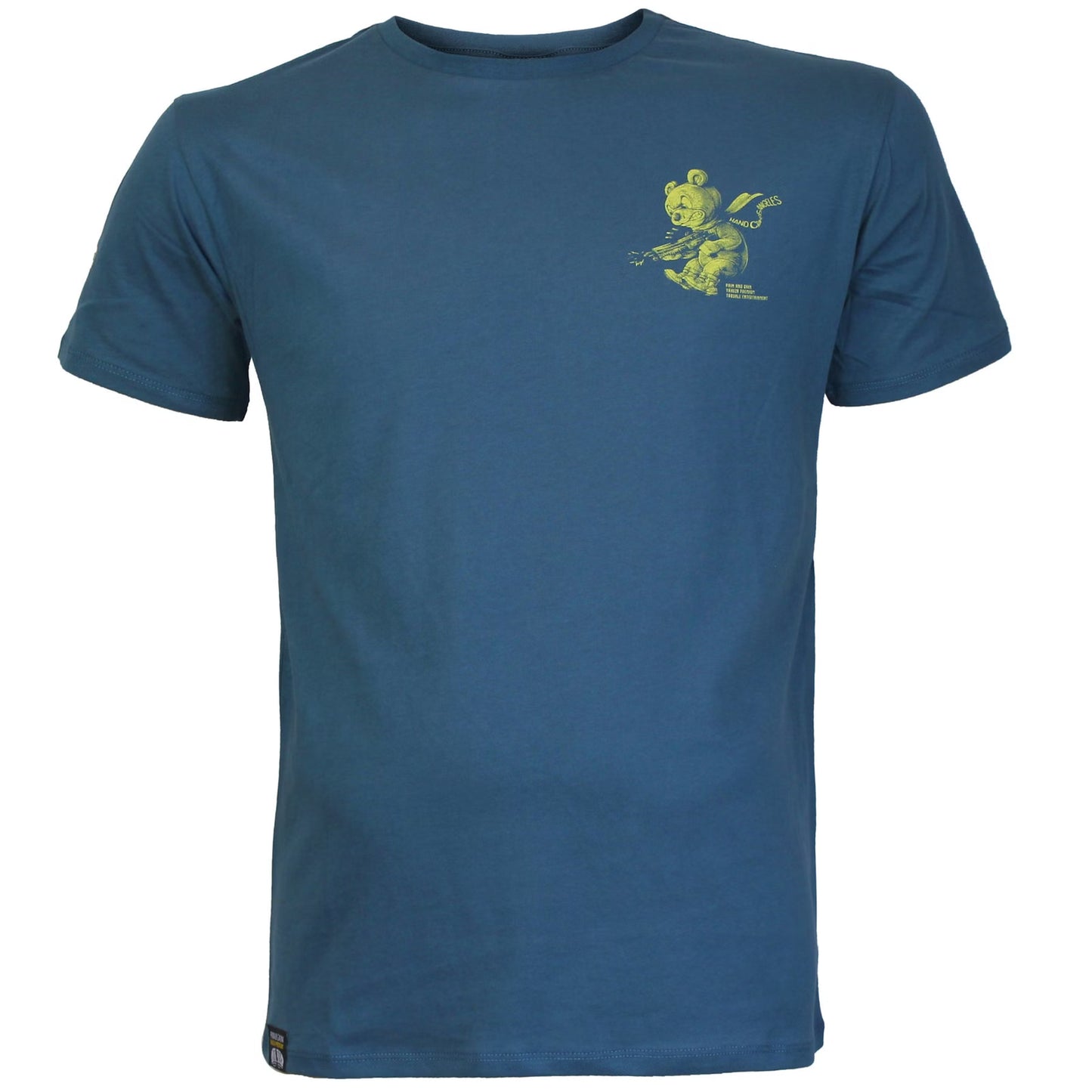 Blaues Yakuza Premium T-Shirt YPS 3908 mit bewaffnetem Teddybär-Print auf dem Rücken.