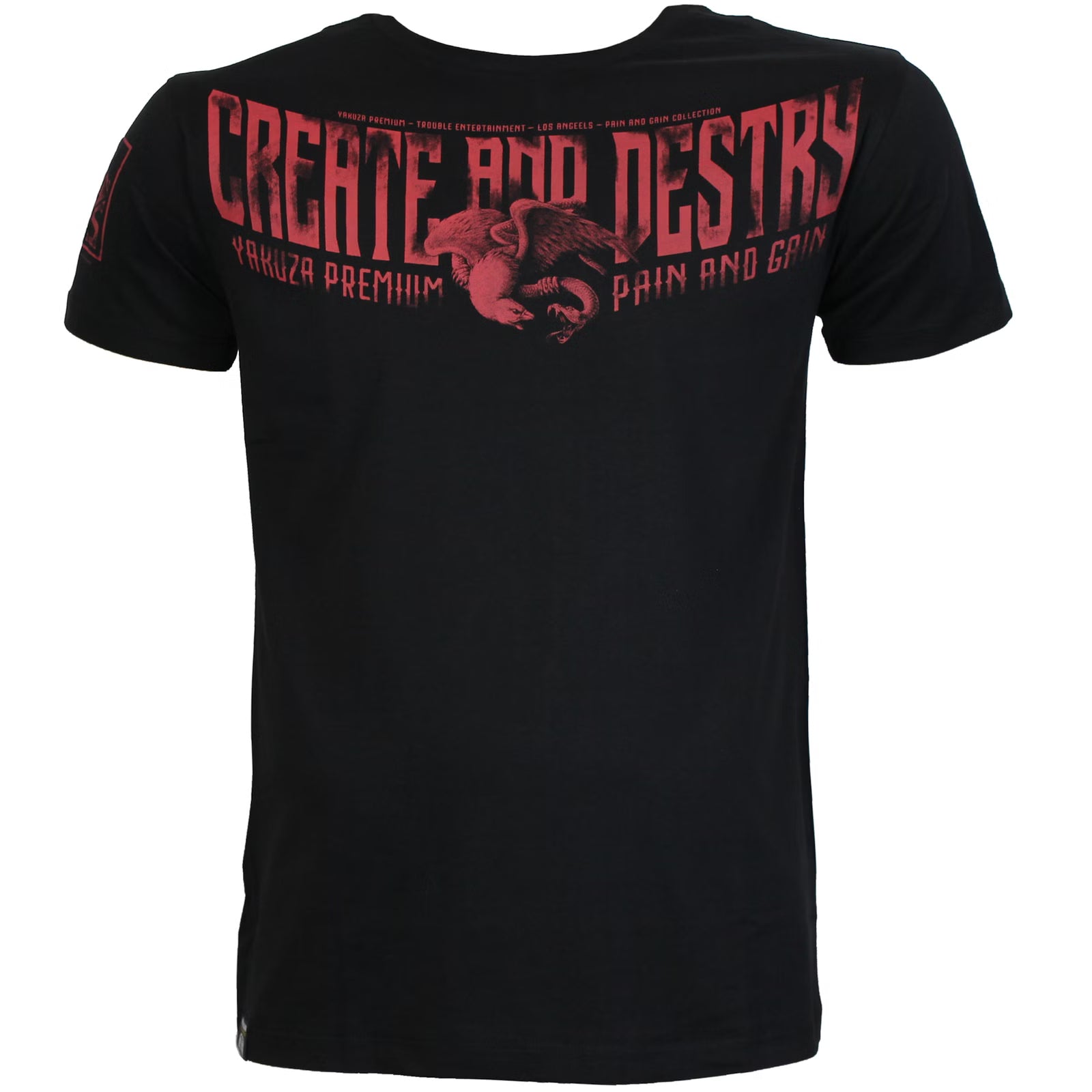 akuza Premium 3905 T-Shirt in schwarz mit grossem, detailreichem Rückenprint und kleinem Frontprint.