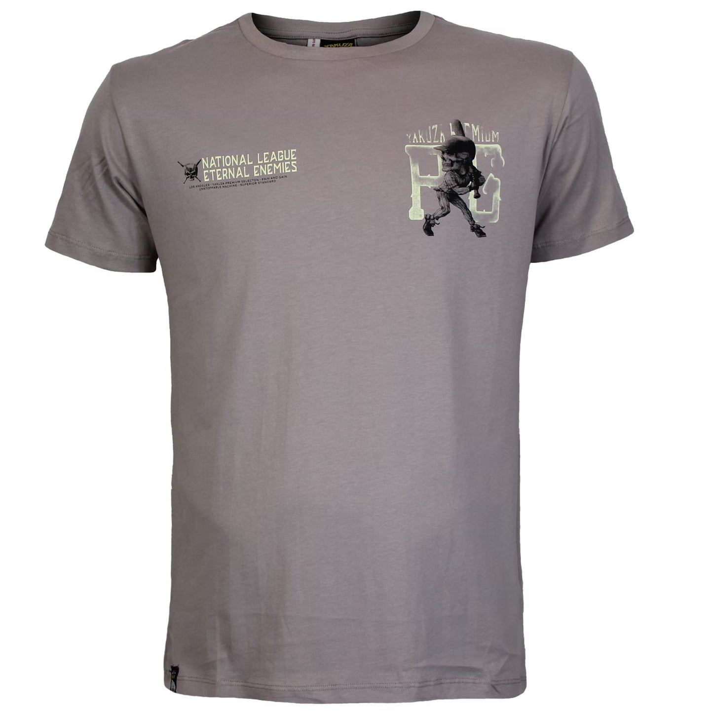 Yakuza Premium T-Shirt in Stone/Grau mit Skull-Print auf Rücken und Brust, weiche Pima-Baumwolle