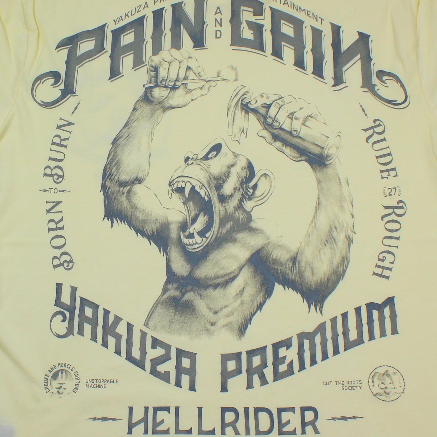 Hellgelb Yakuza Premium T-Shirt YPS 3909 mit wütendem Affenprint auf dem Rücken.