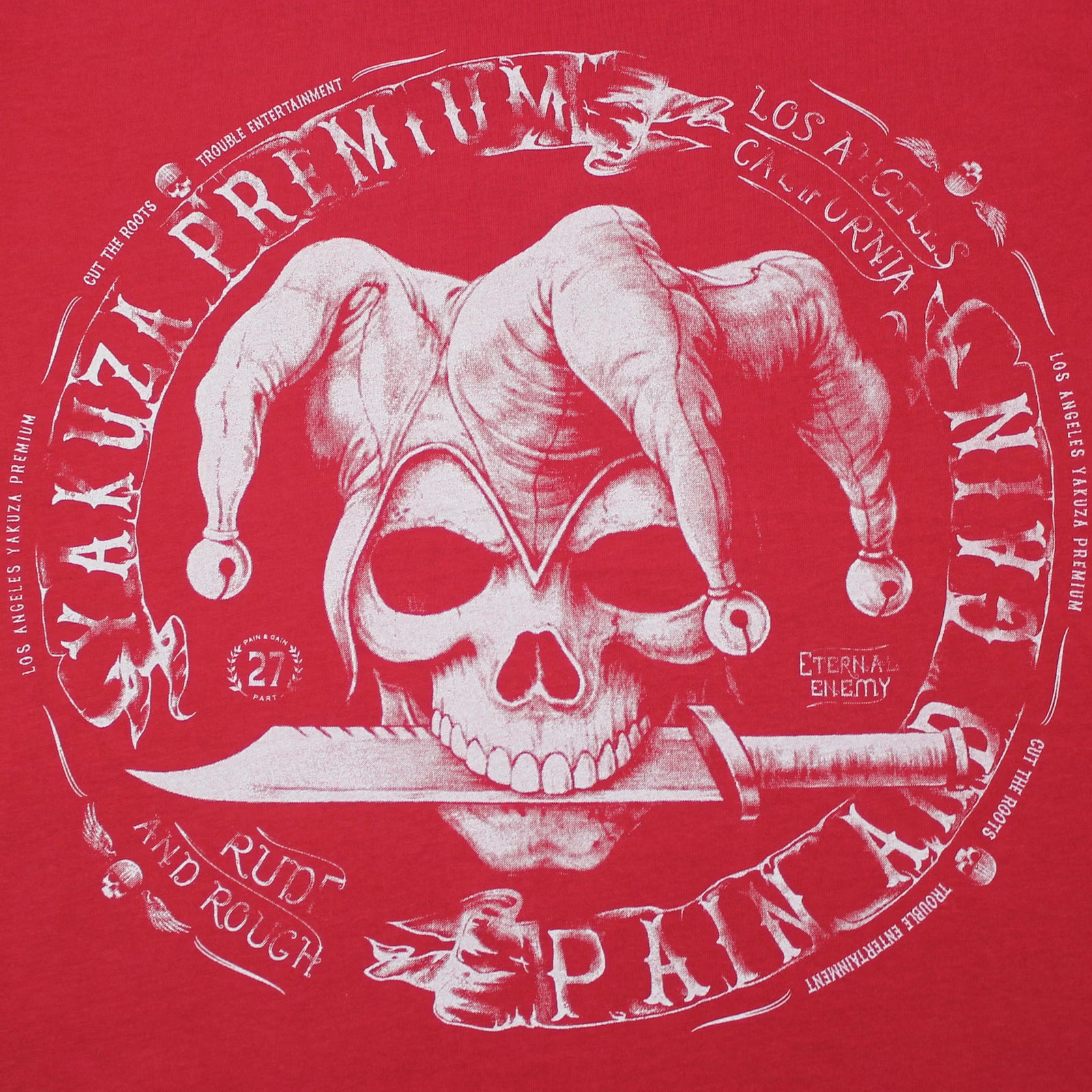 YYakuza Premium T-Shirt 3902 in rot mit grossem Frontprint im Tattoo-Stil und markantem Schriftzug auf dem Rücken – Herren Streetwear