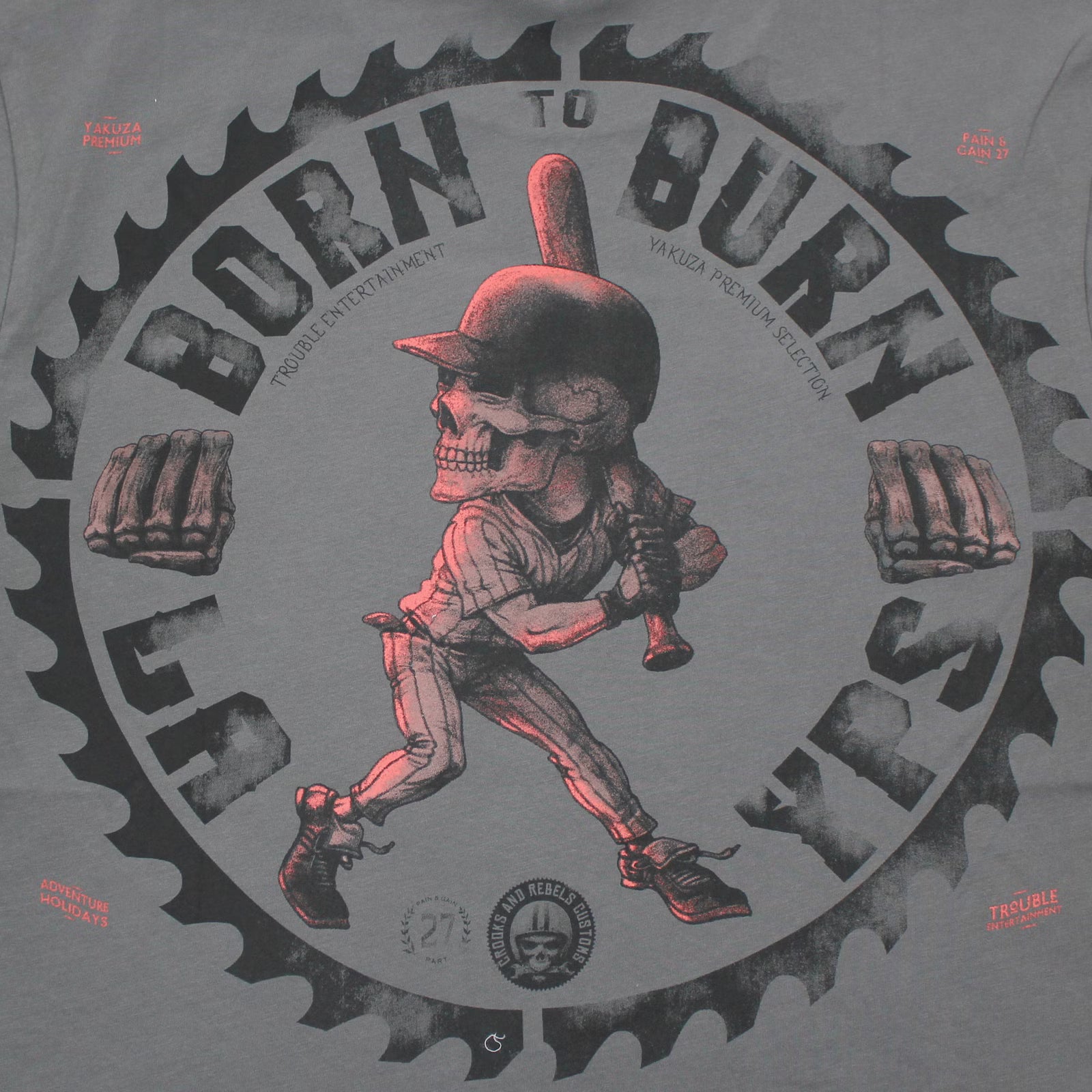 Yakuza Premium T-Shirt in Stone/Grau mit Skull-Print auf Rücken und Brust, weiche Pima-Baumwolle