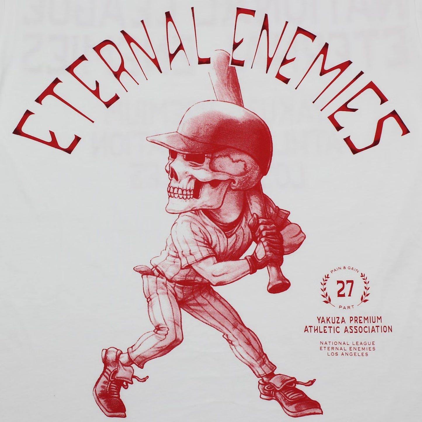 Yakuza Premium Pima-Baumwoll-T-Shirt aus der Herbst-/Winterkollektion 2025 mit großem Baseballspieler-Print vorne und markantem Rücken-Schriftzug