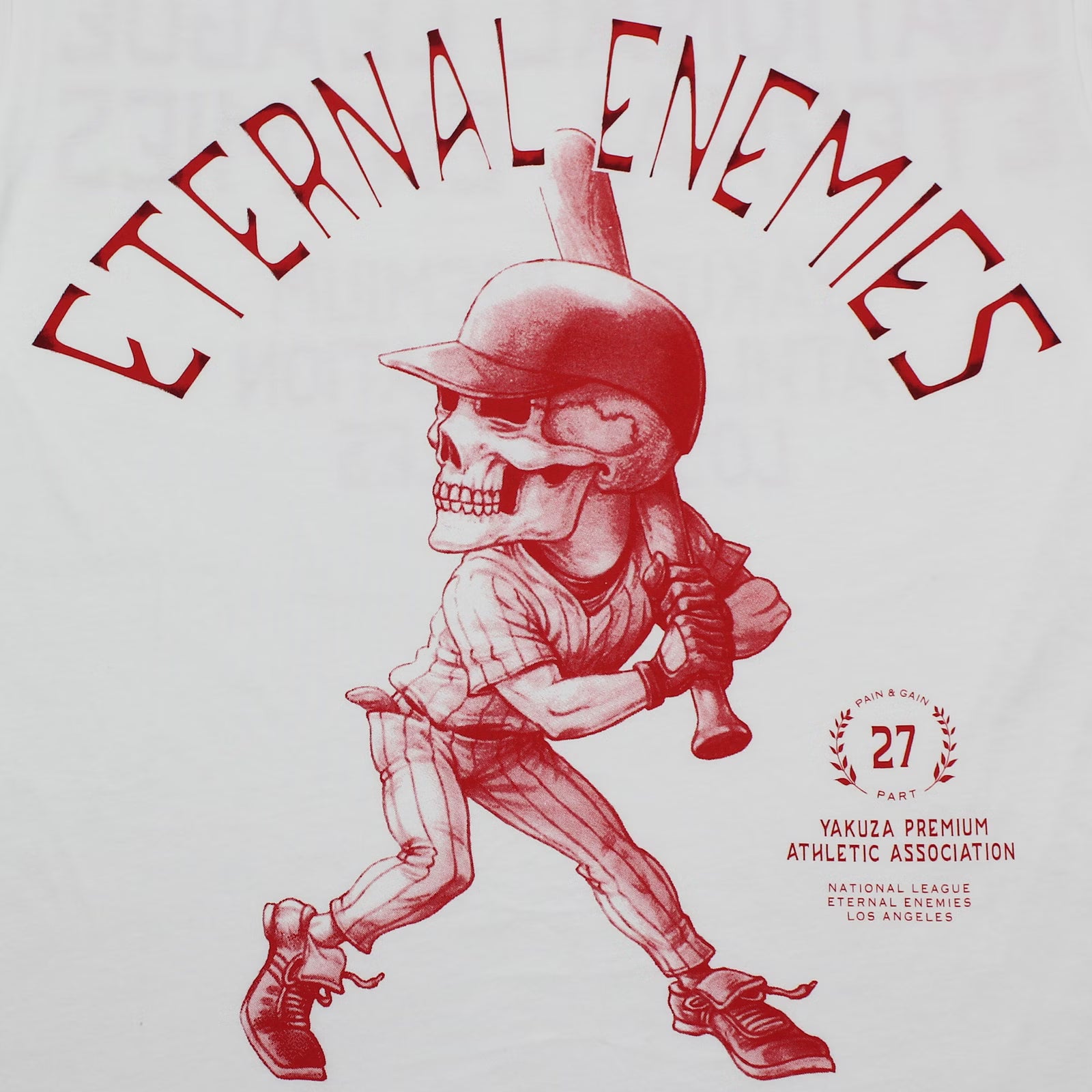 Yakuza Premium Pima-Baumwoll-T-Shirt aus der Herbst-/Winterkollektion 2025 mit großem Baseballspieler-Print vorne und markantem Rücken-Schriftzug