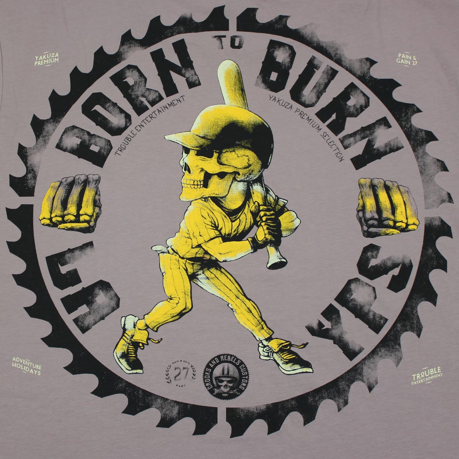 Yakuza Premium T-Shirt in Stone/Grau mit Skull-Print auf Rücken und Brust, weiche Pima-Baumwolle