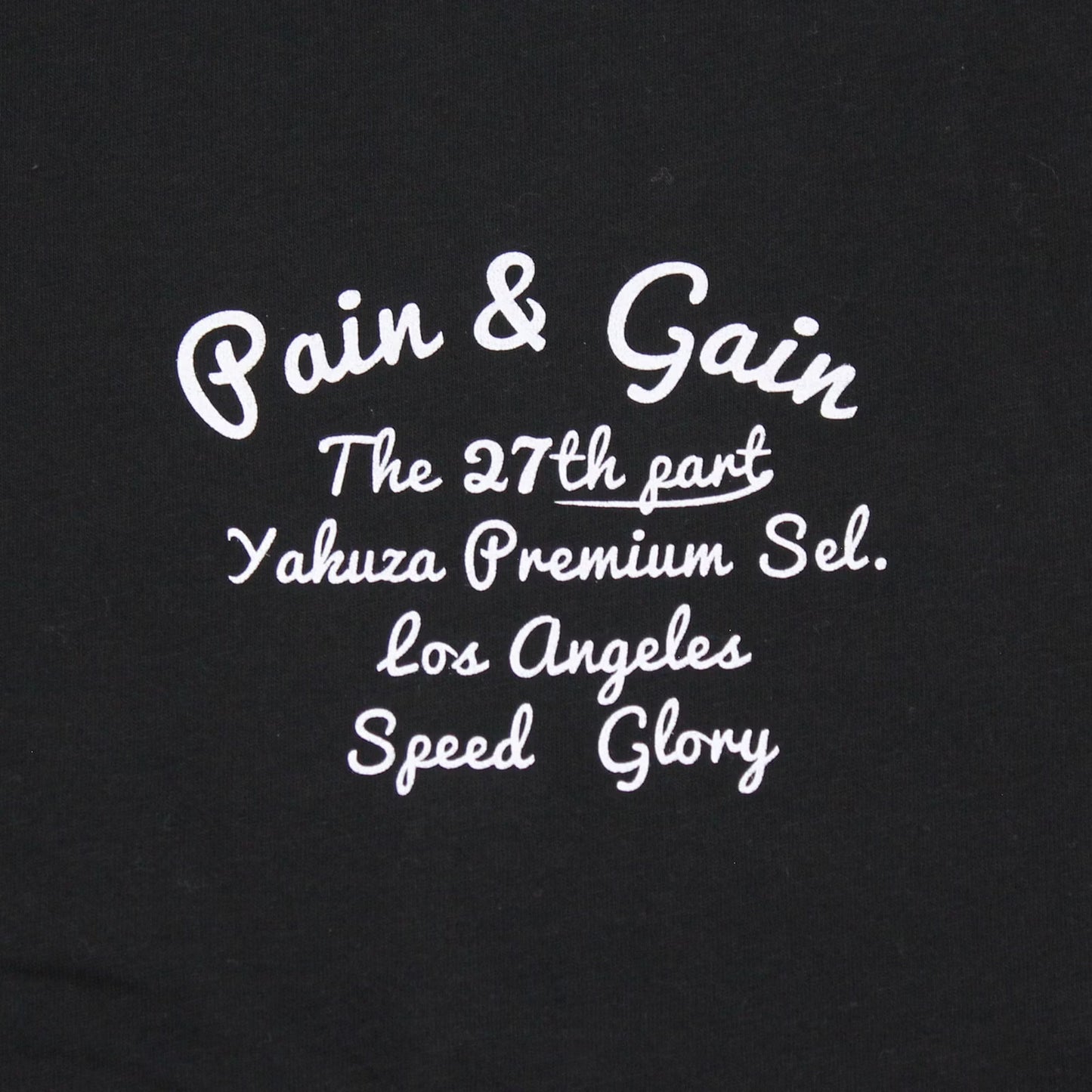 Detailansicht Yakuza Premium T-Shirt schwarz mit weissem Pain and Gain Schriftzug.