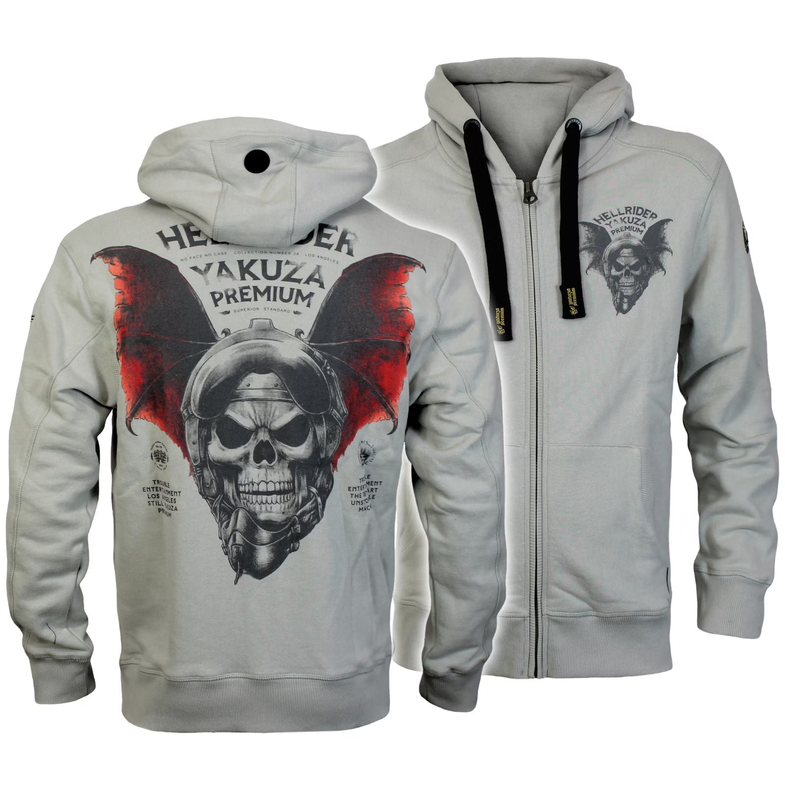 Yakuza Premium Sweatjacke Silver mit Kapuze, Reissverschluss, Fledermaus-Skull-Rückendruck und Brustlogo, limitiert
