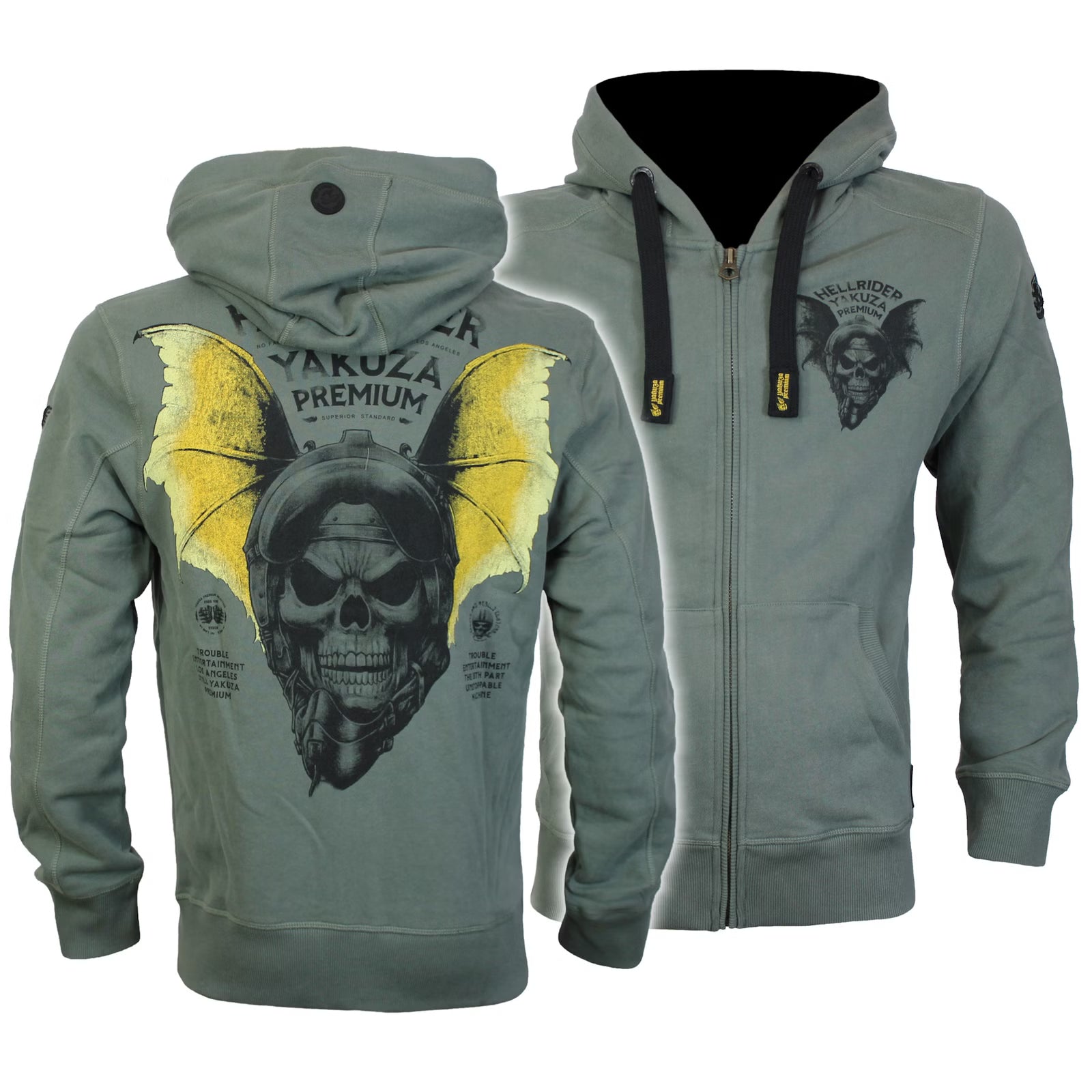 Yakuza Premium Oliv Sweatjacke mit Kapuze, Reissverschluss, Fledermaus-Skull-Rückendruck und Brustlogo