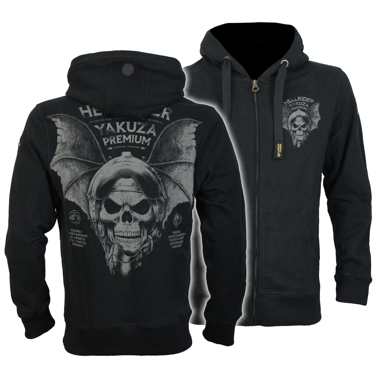 Yakuza Premium Oliv Sweatjacke mit Kapuze, Reissverschluss, Fledermaus-Skull-Rückendruck und Brustlogo