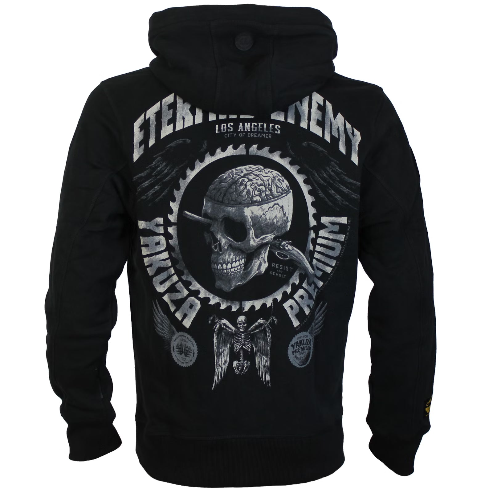Schwarze Yakuza Premium Sweatjacke mit Kapuze, Reißverschluss und grossem Skull-Druck, limitiert