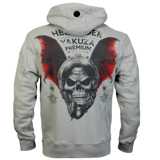 Yakuza Premium Sweatjacke Silver mit Kapuze, Reissverschluss, Fledermaus-Skull-Rückendruck und Brustlogo, limitiert