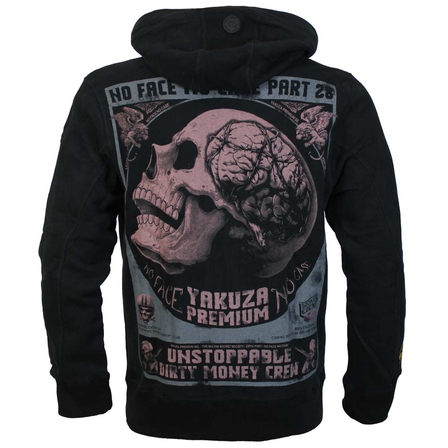 Schwarze Yakuza Premium Sweatjacke mit Kapuze, Skull-Rückendruck, Reissverschluss und Taschen