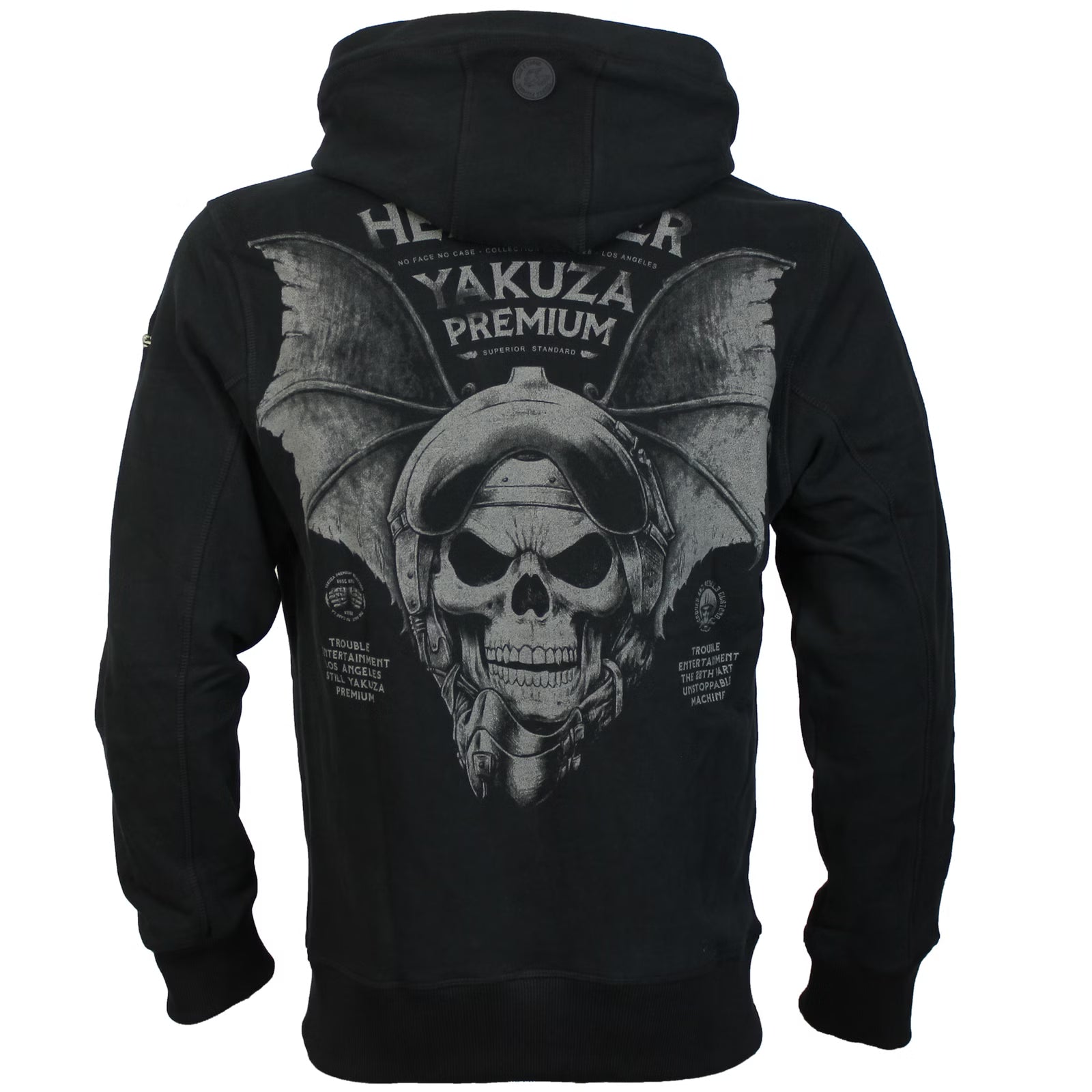 Yakuza Premium Oliv Sweatjacke mit Kapuze, Reissverschluss, Fledermaus-Skull-Rückendruck und Brustlogo
