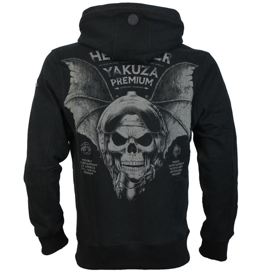 Yakuza Premium Oliv Sweatjacke mit Kapuze, Reissverschluss, Fledermaus-Skull-Rückendruck und Brustlogo