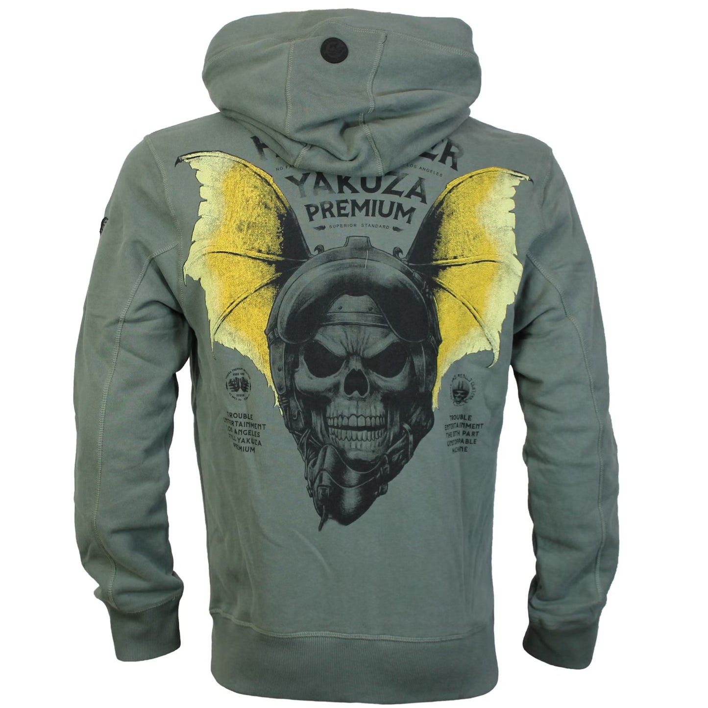Yakuza Premium Oliv Sweatjacke mit Kapuze, Reissverschluss, Fledermaus-Skull-Rückendruck und Brustlogo