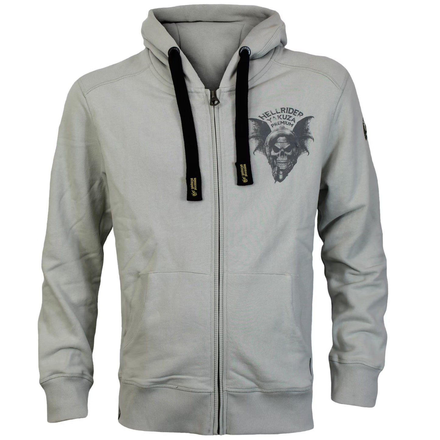 Yakuza Premium Sweatjacke Silver mit Kapuze, Reissverschluss, Fledermaus-Skull-Rückendruck und Brustlogo, limitiert