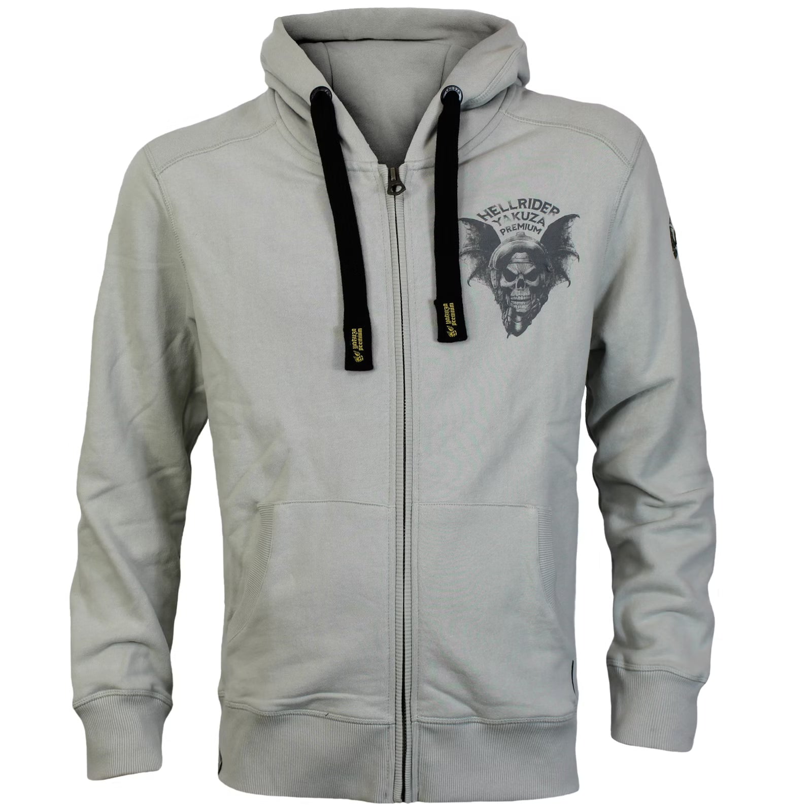 Yakuza Premium Sweatjacke Silver mit Kapuze, Reissverschluss, Fledermaus-Skull-Rückendruck und Brustlogo, limitiert