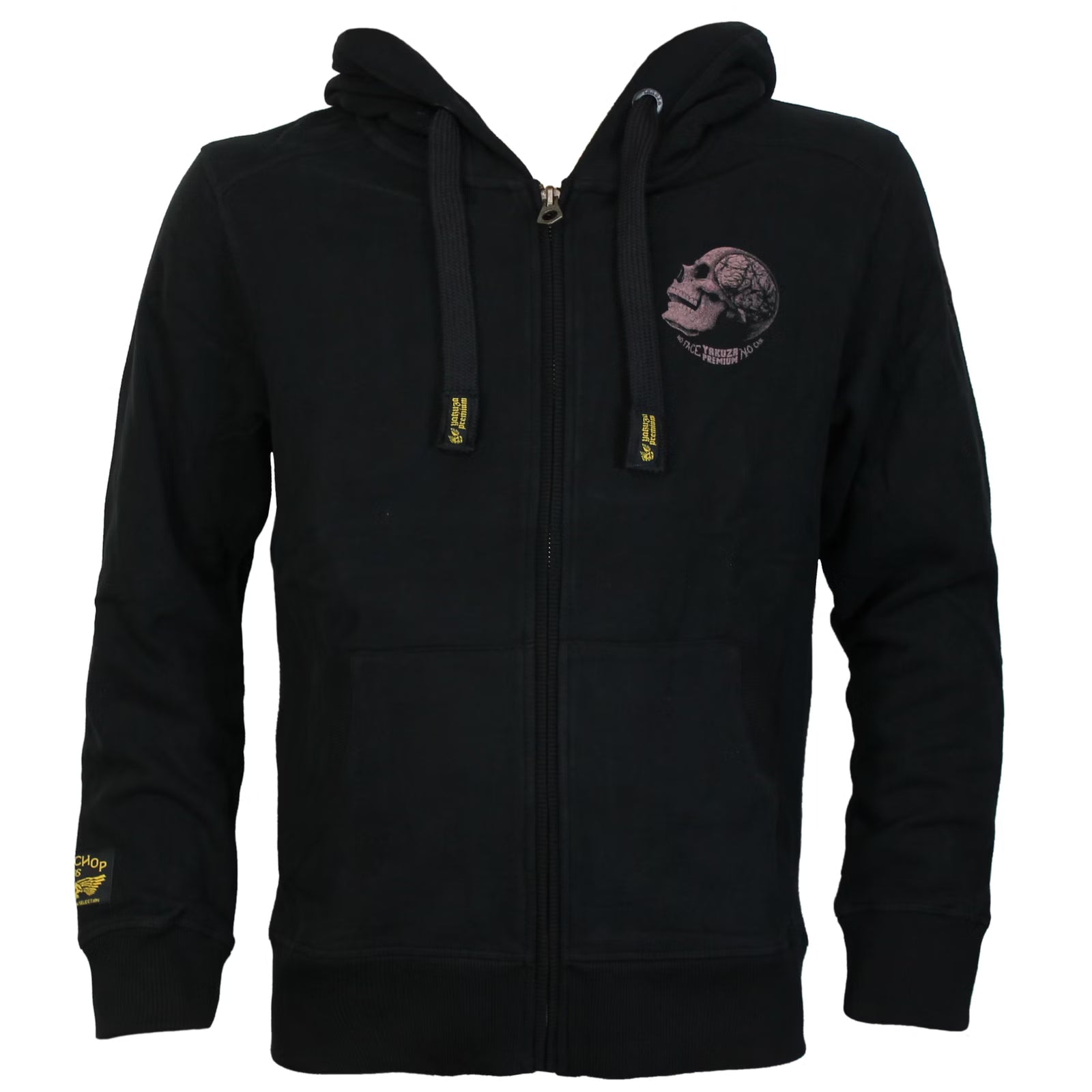 Schwarze Yakuza Premium Sweatjacke mit Kapuze, Skull-Rückendruck, Reissverschluss und Taschen
