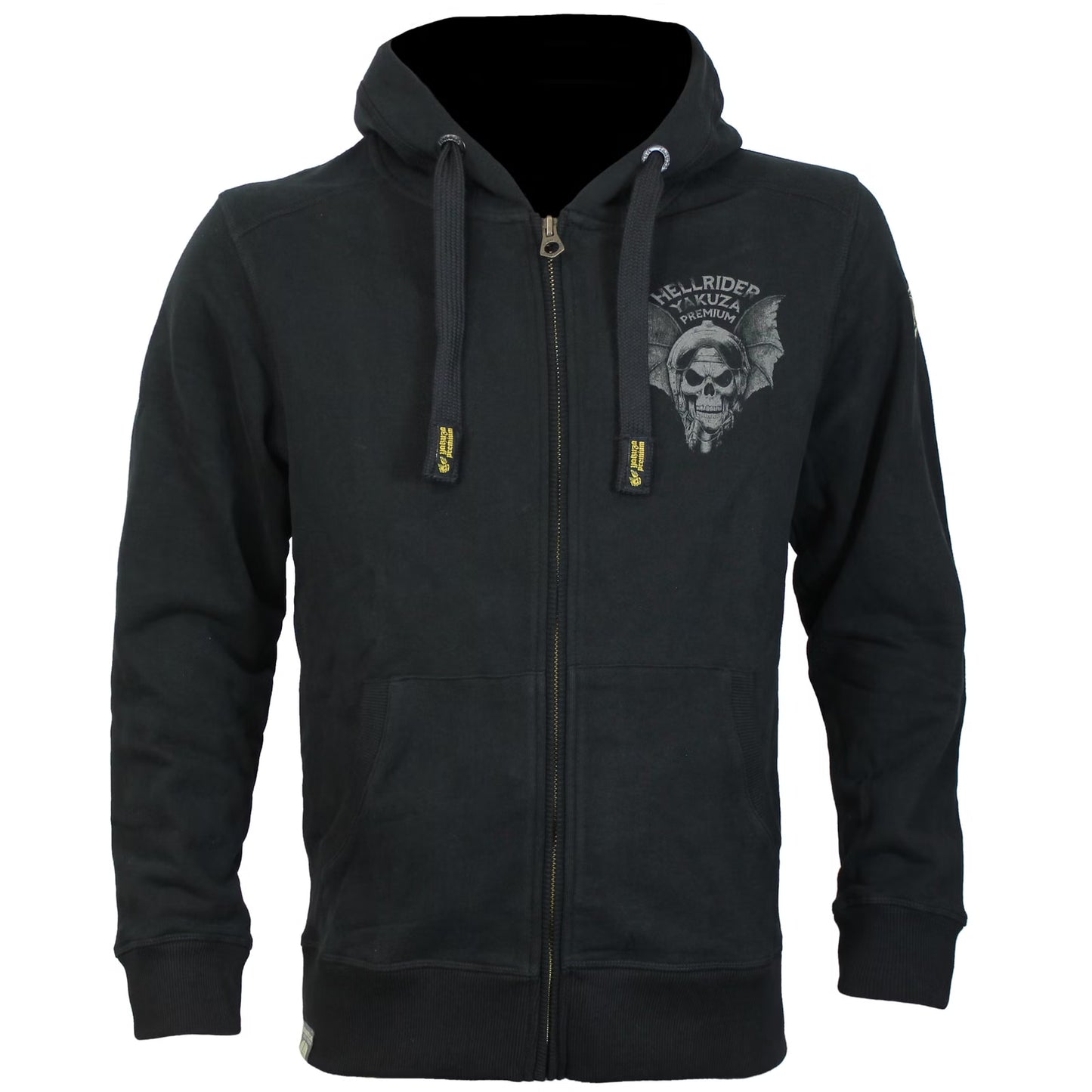 Yakuza Premium Oliv Sweatjacke mit Kapuze, Reissverschluss, Fledermaus-Skull-Rückendruck und Brustlogo