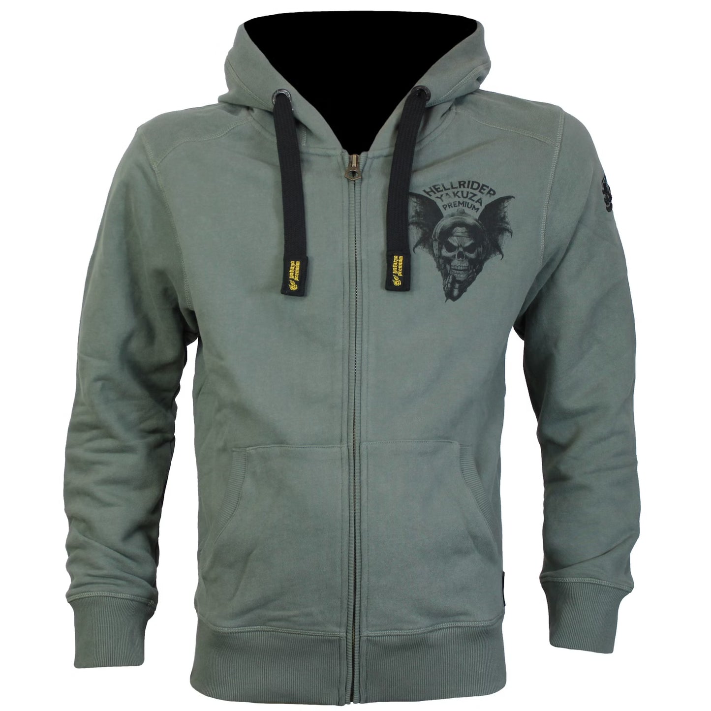 Yakuza Premium Oliv Sweatjacke mit Kapuze, Reissverschluss, Fledermaus-Skull-Rückendruck und Brustlogo