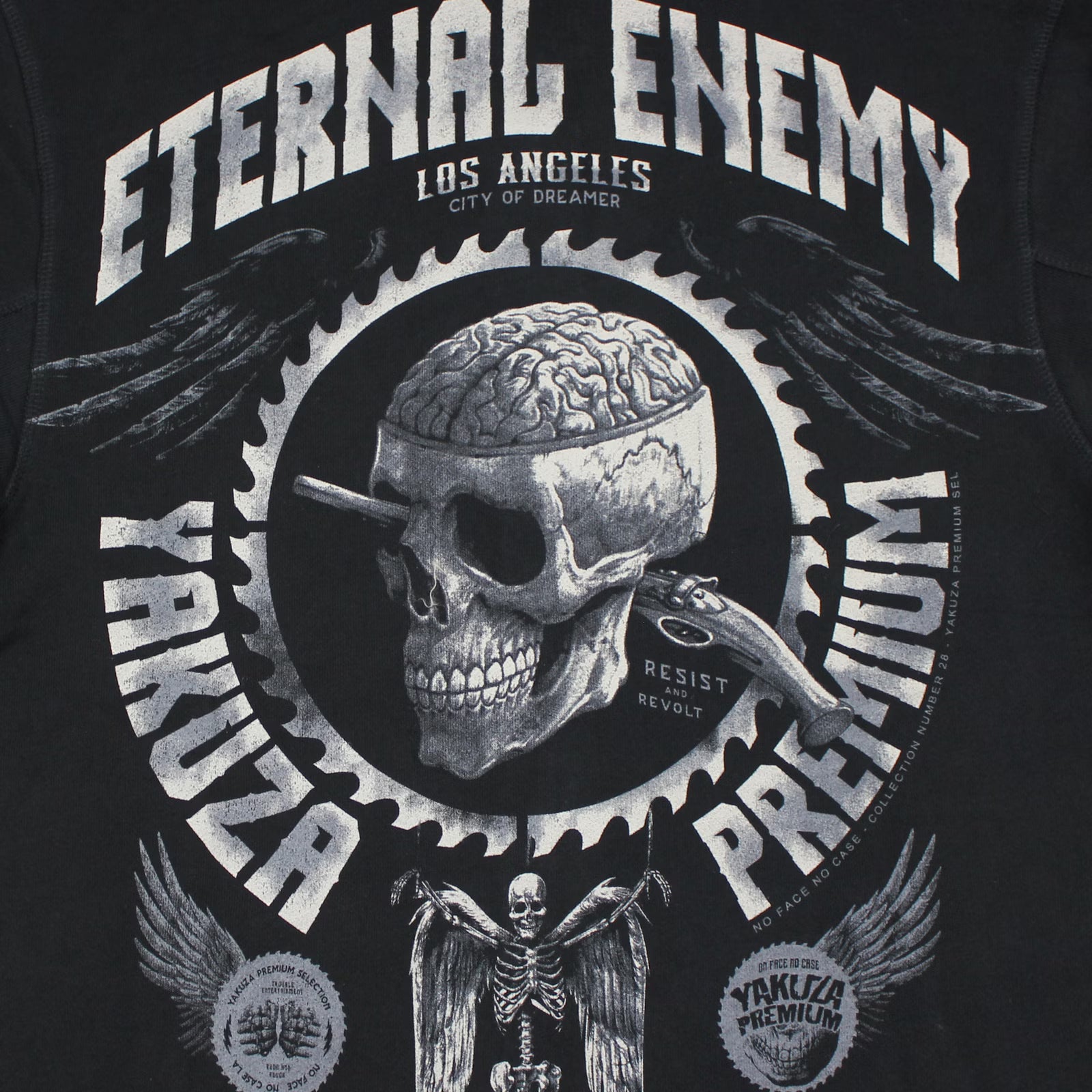 Schwarze Yakuza Premium Sweatjacke mit Kapuze, Reißverschluss und grossem Skull-Druck, limitiert
